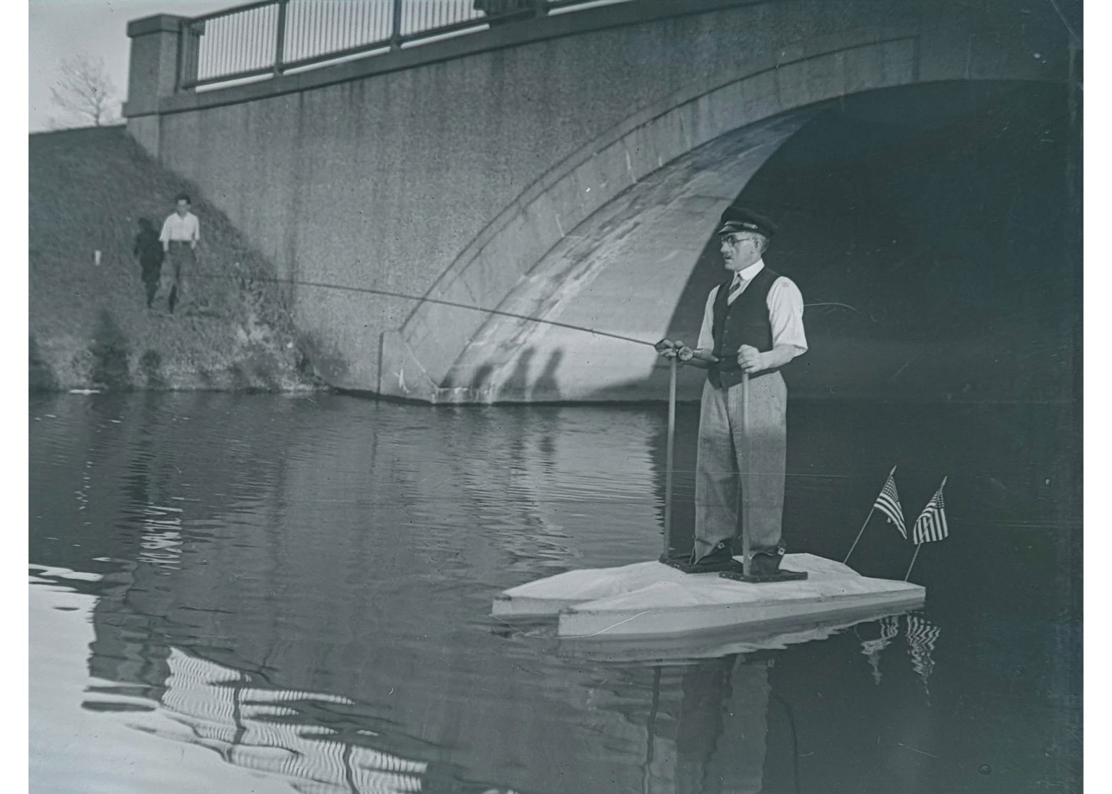 1920s Novelty Stand Up Pontoon Watercraft Fisherman Odd Boat Glass Negative OOAK
