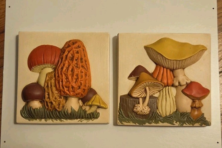 Vintage 1970's Retro Set of 2 Raised 3D Mushroom Wall Decor Ceramic Plaques 