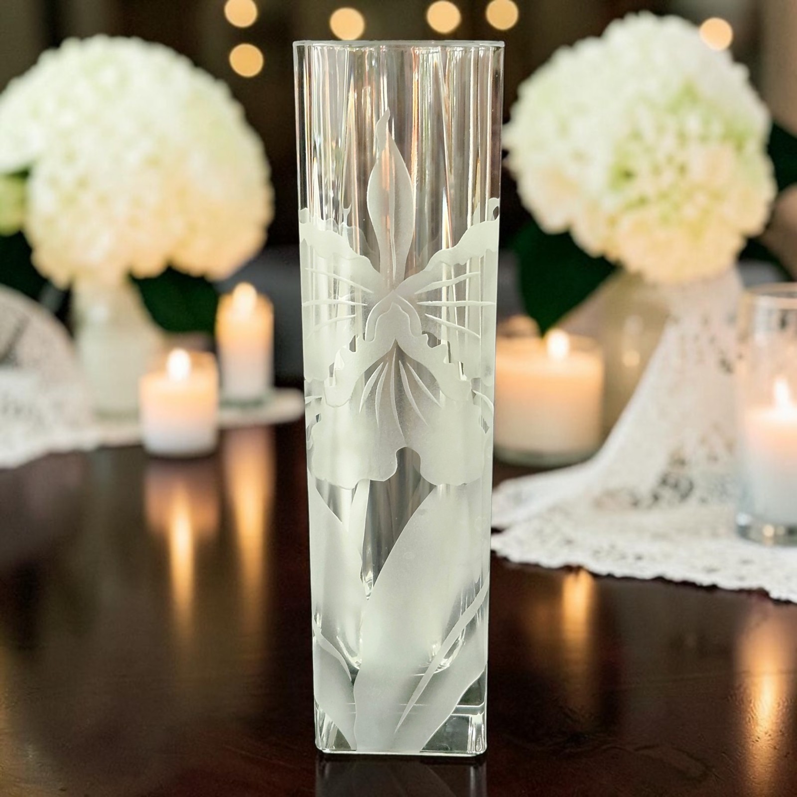Rare Vintage Aseda Square Crystal Vase Sweden Etched Iris Art Deco 9.25\