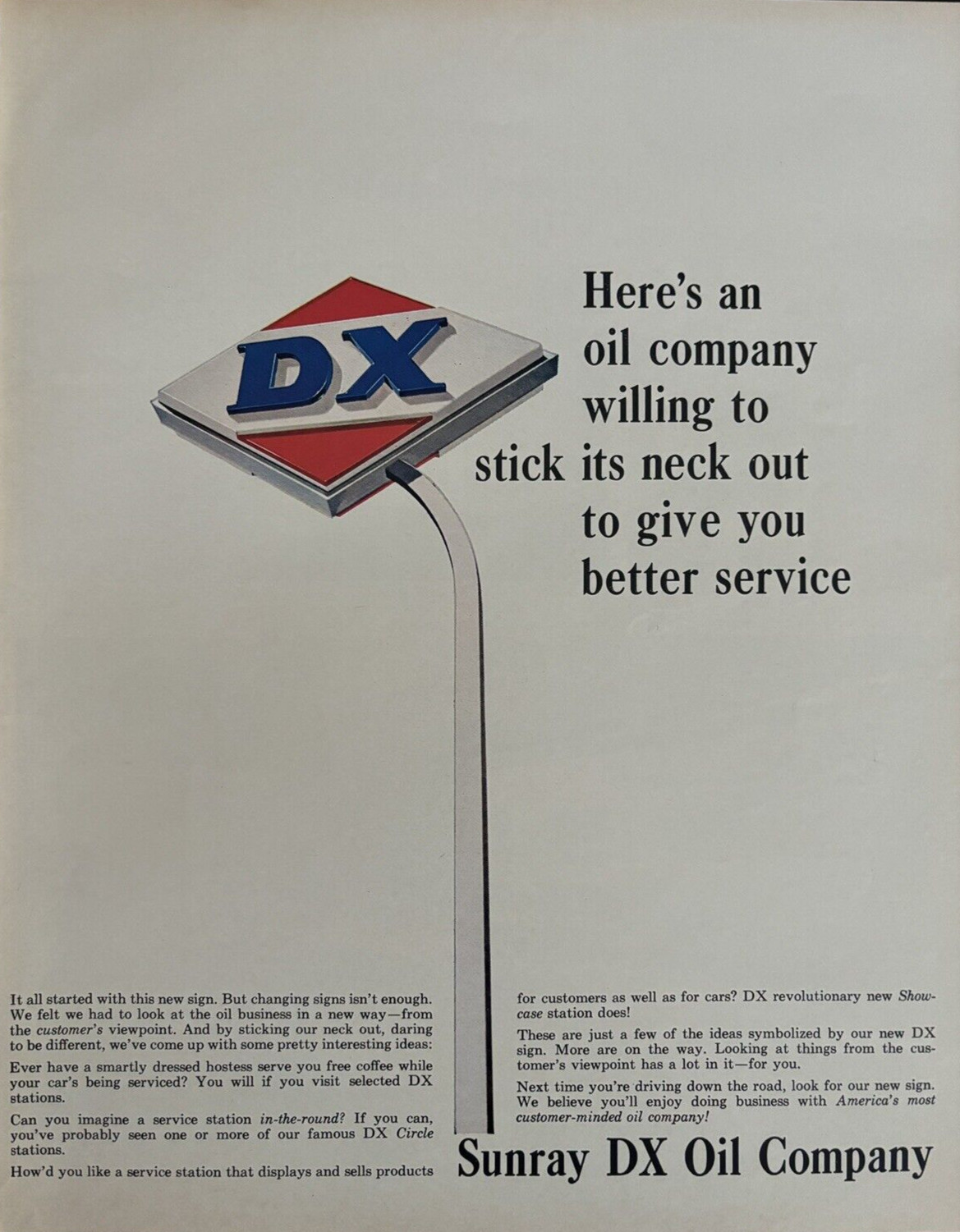1960s Sunray DX Oil Company Stick Neck Out Customer Minded Vintage Print Ad