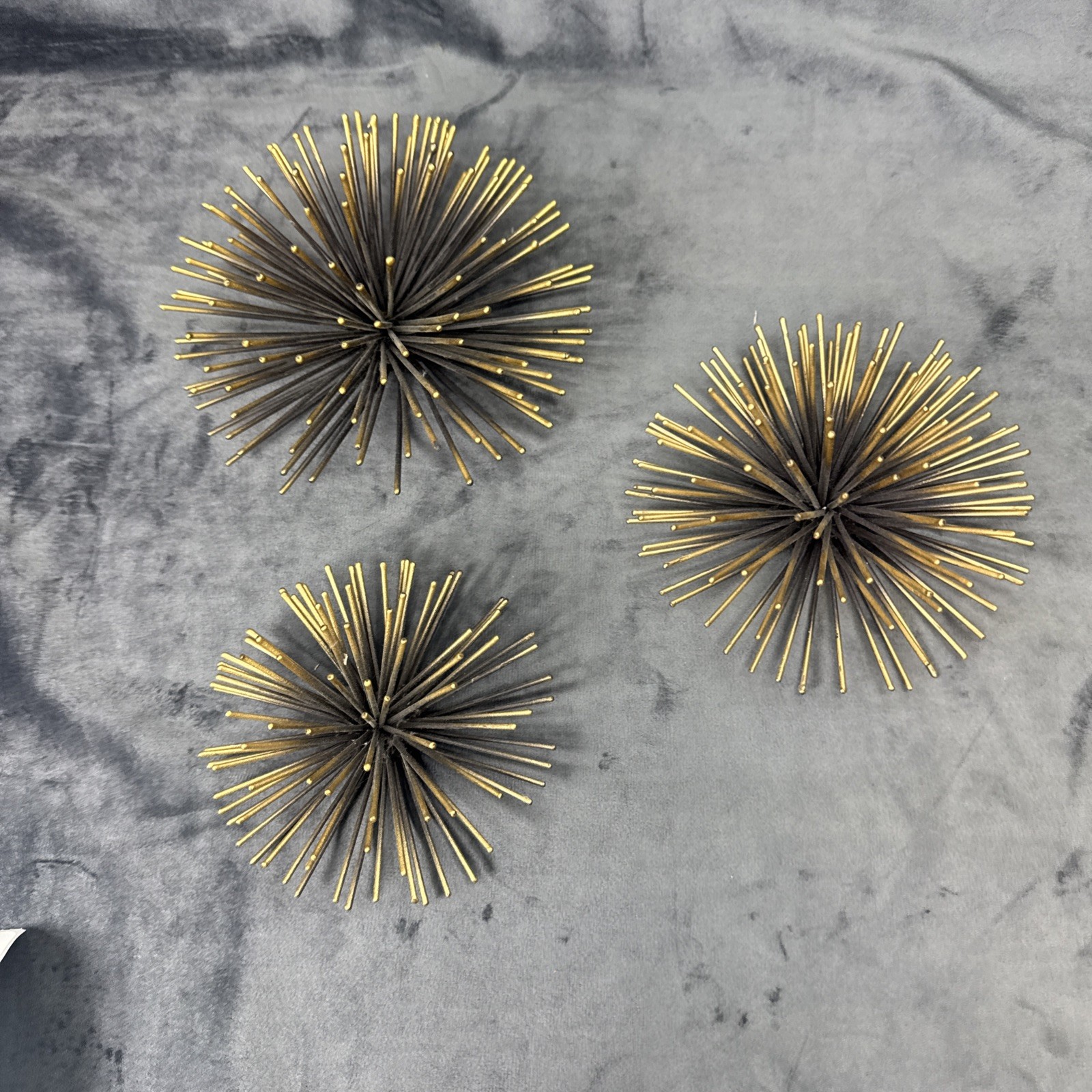 VTG Set 3 MCM Sea Urchin Wall Deco Brass tone Metal Spikey Atomic Era Décor 70s