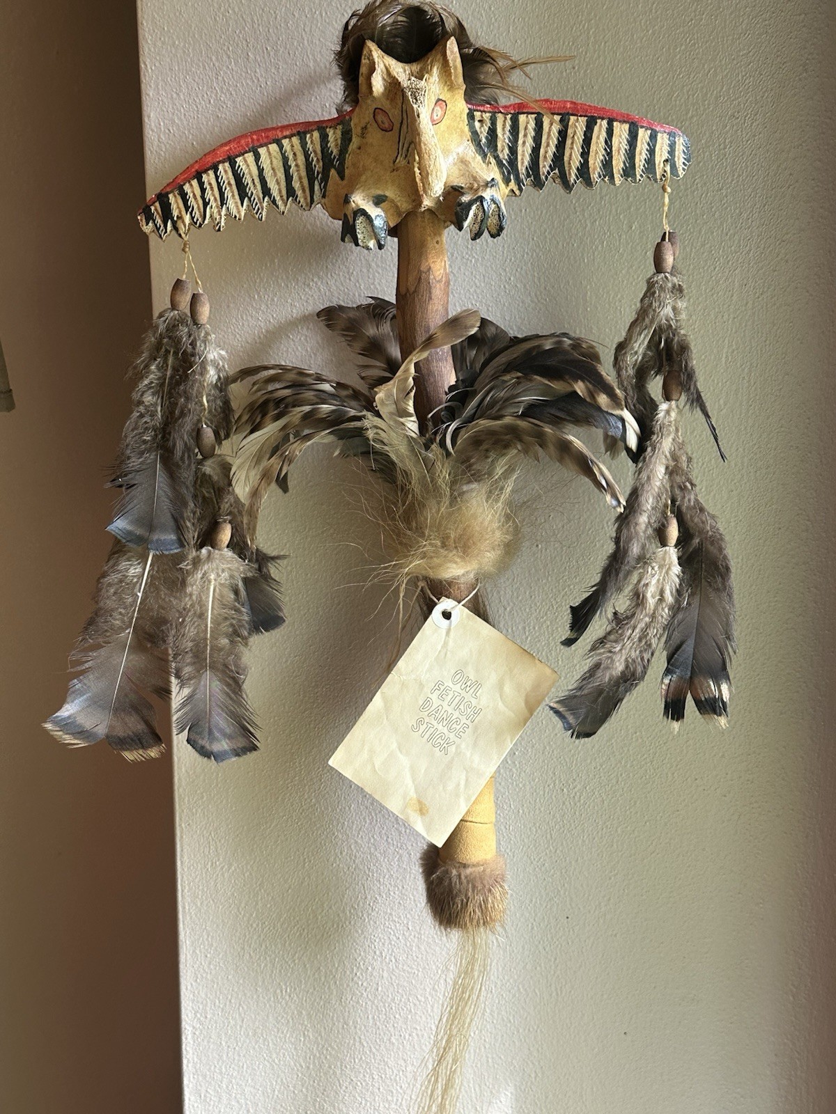 VTG Hand Carved Native American Owl Fetish Dancing Stick Feathers & Muskrat Fur