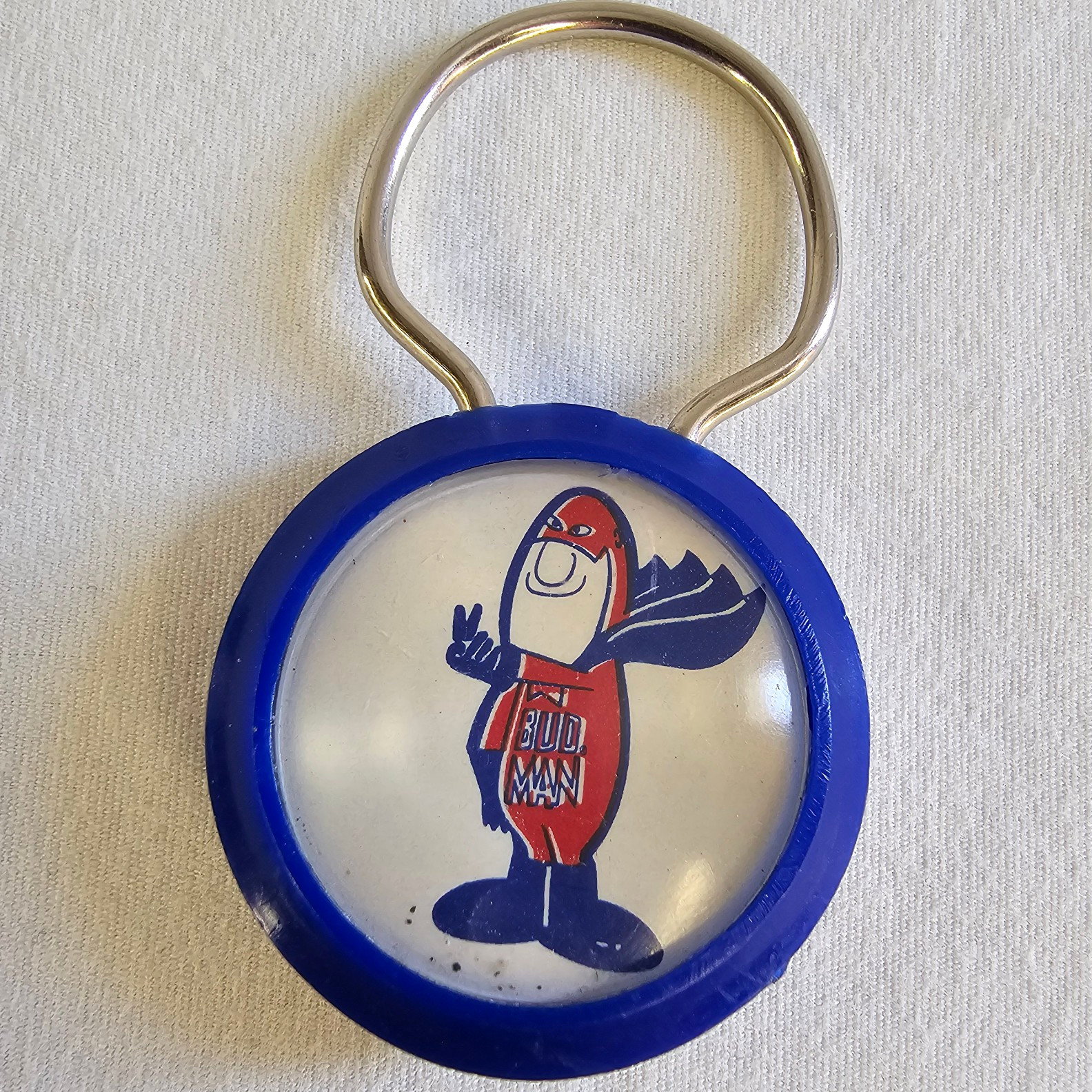 Budweiser Bud Man Keychain Tag Vintage 70s Beer Collectable Peace Sign DrinkHero