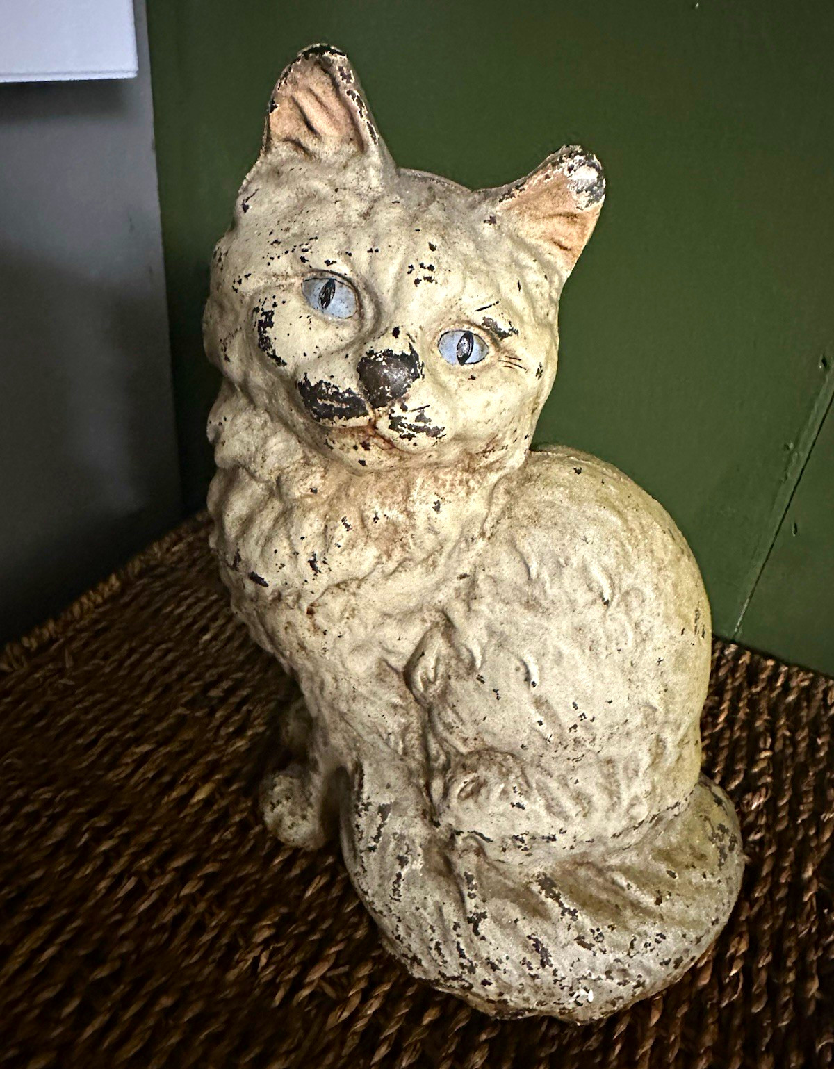 Vintage Ceramic Sitting Cat Figurine White Distressed Blue Eyes