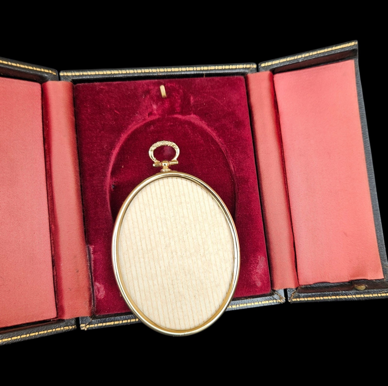 Antique Pocket Watch Style Photo Frame Travel Leather Triptych Case Velvet 1900s
