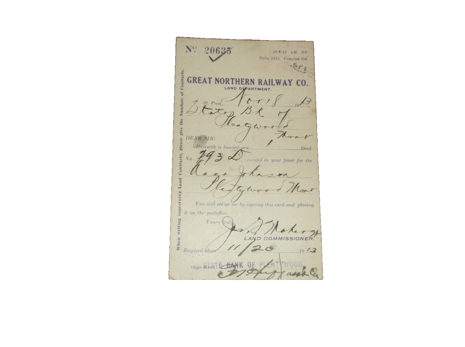 NOVEMBER 1913 GREAT NORTHERN RAILROAD PLENTYWOOD MONTANA LAND DEED POST CARD