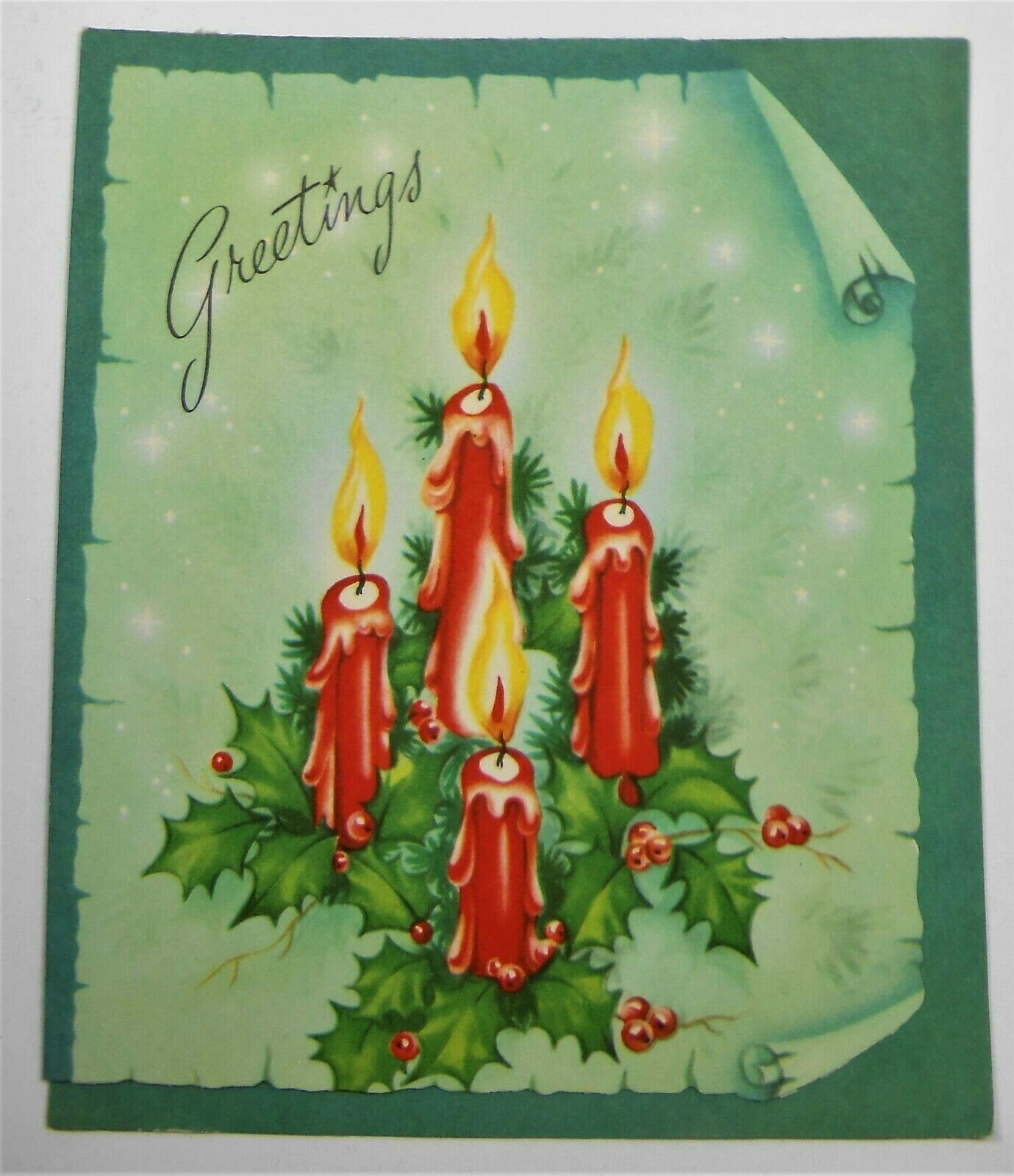 #91 VTG 1930-1970s DECO GREETING CARD CHRISTMAS DIE-CUT CANDLES HOLLY & BERRIES