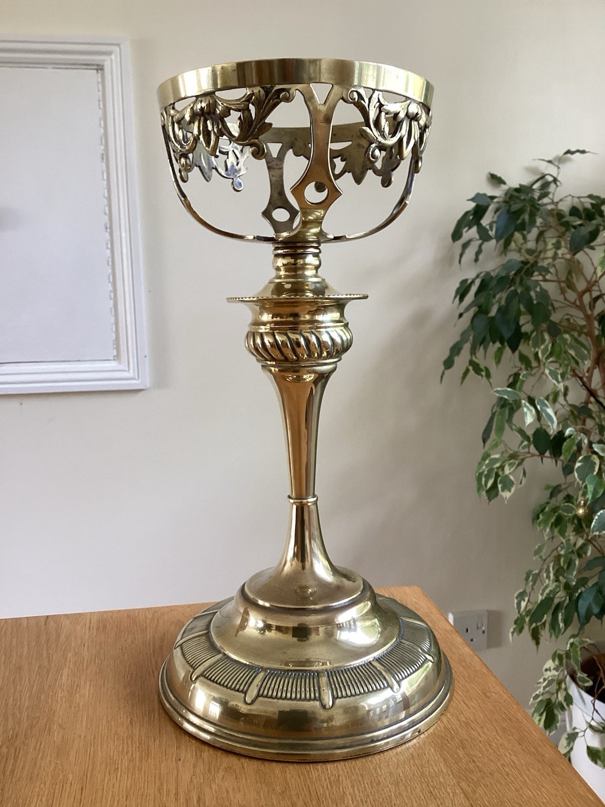 An Ornate Brass Oil Lamp Column And Font Basket.