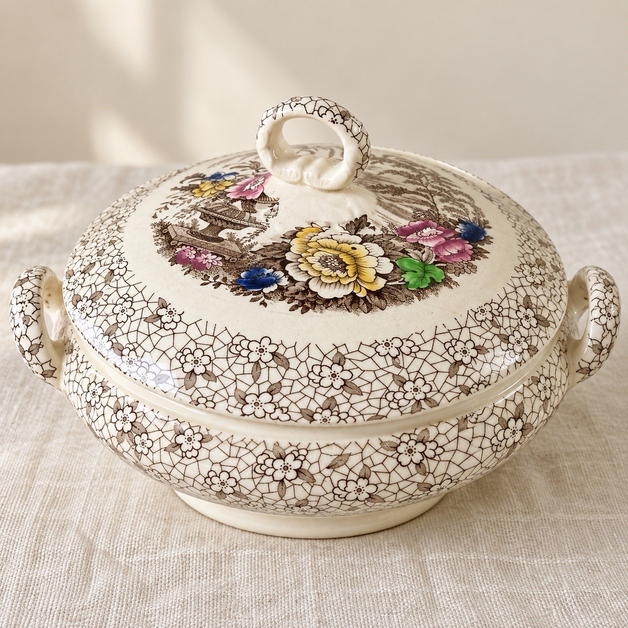 Antique Myott Banff Covered Vegetable Tureen Floral Transferware England