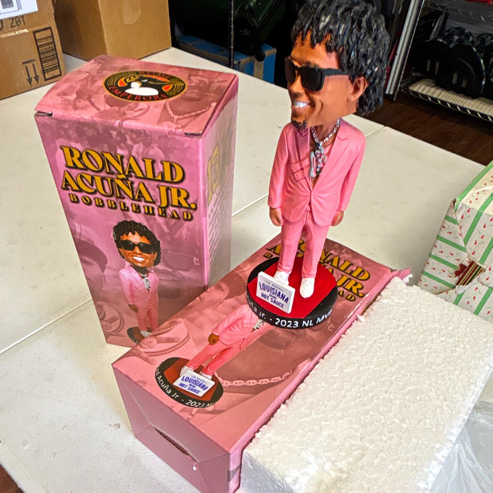 2- Brand new Ronald Acuña Jr. MLB Baseball Pink Suit Bobblehead w/ Box