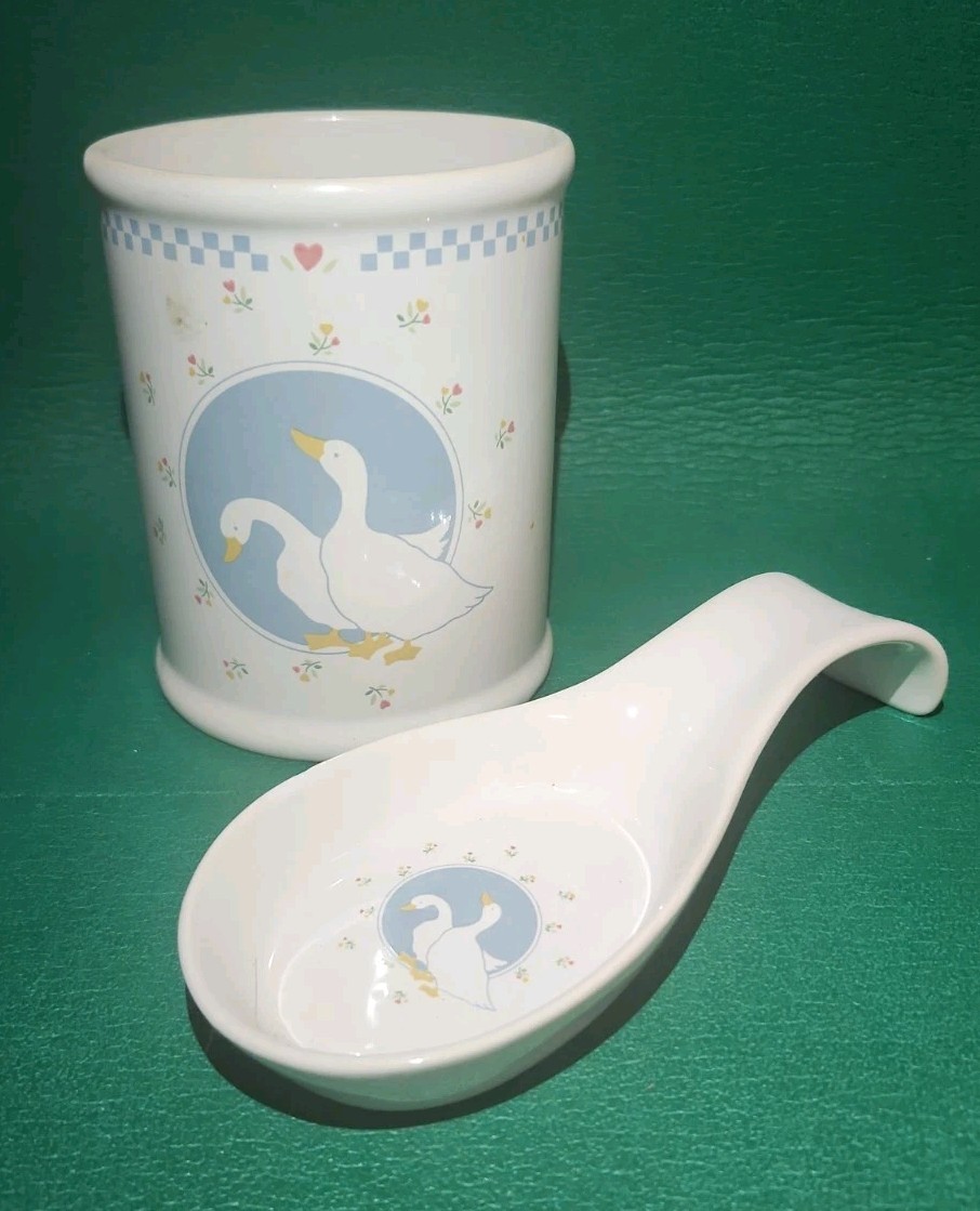 Vintage Moonlight Ten Strawberry Street Goose Utensil Holder and Spoon, Rare