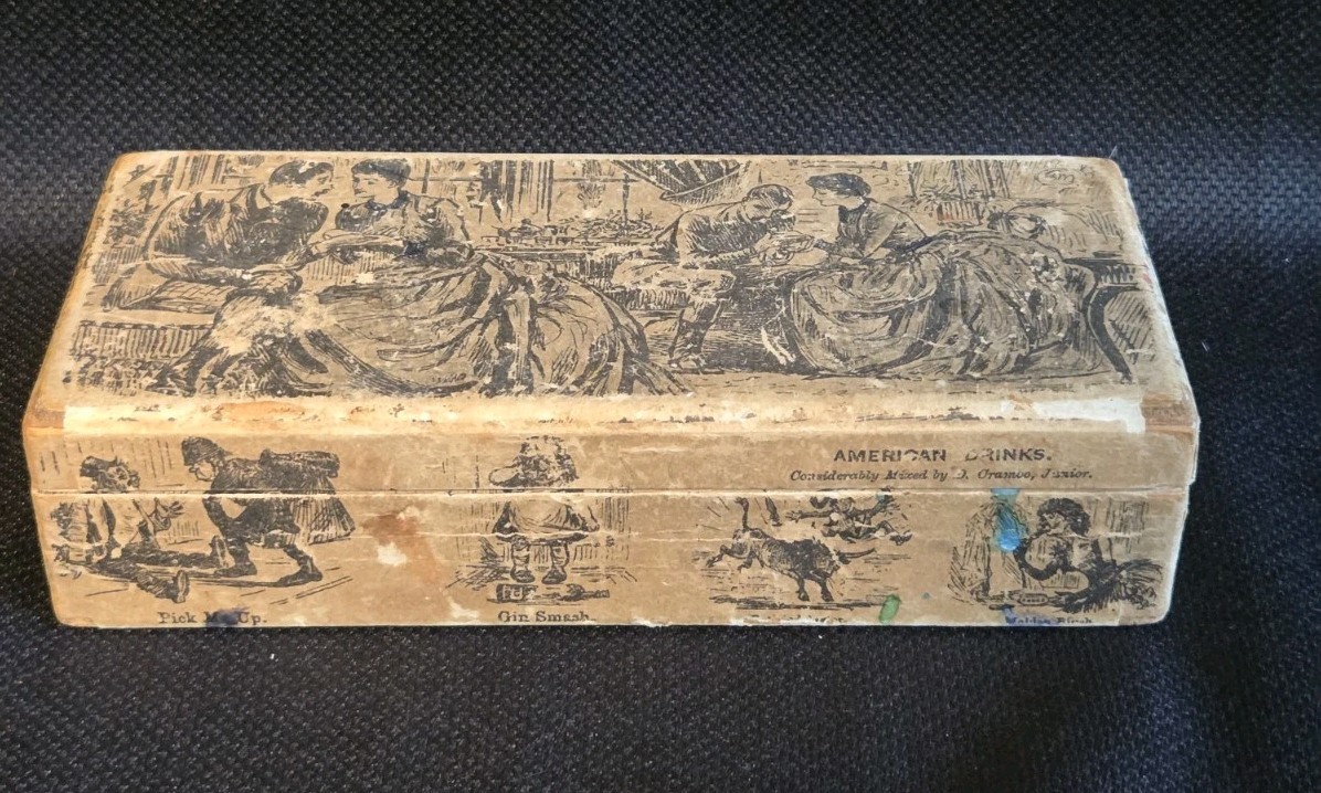 Antique Victorian Paper Covered Box Satires American Drinks Novelty Vanity Chest