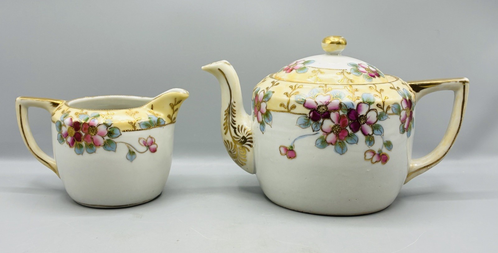 Antique Hand Painted Nippon Floral Raised Gold Teapot With Lid and Creamer