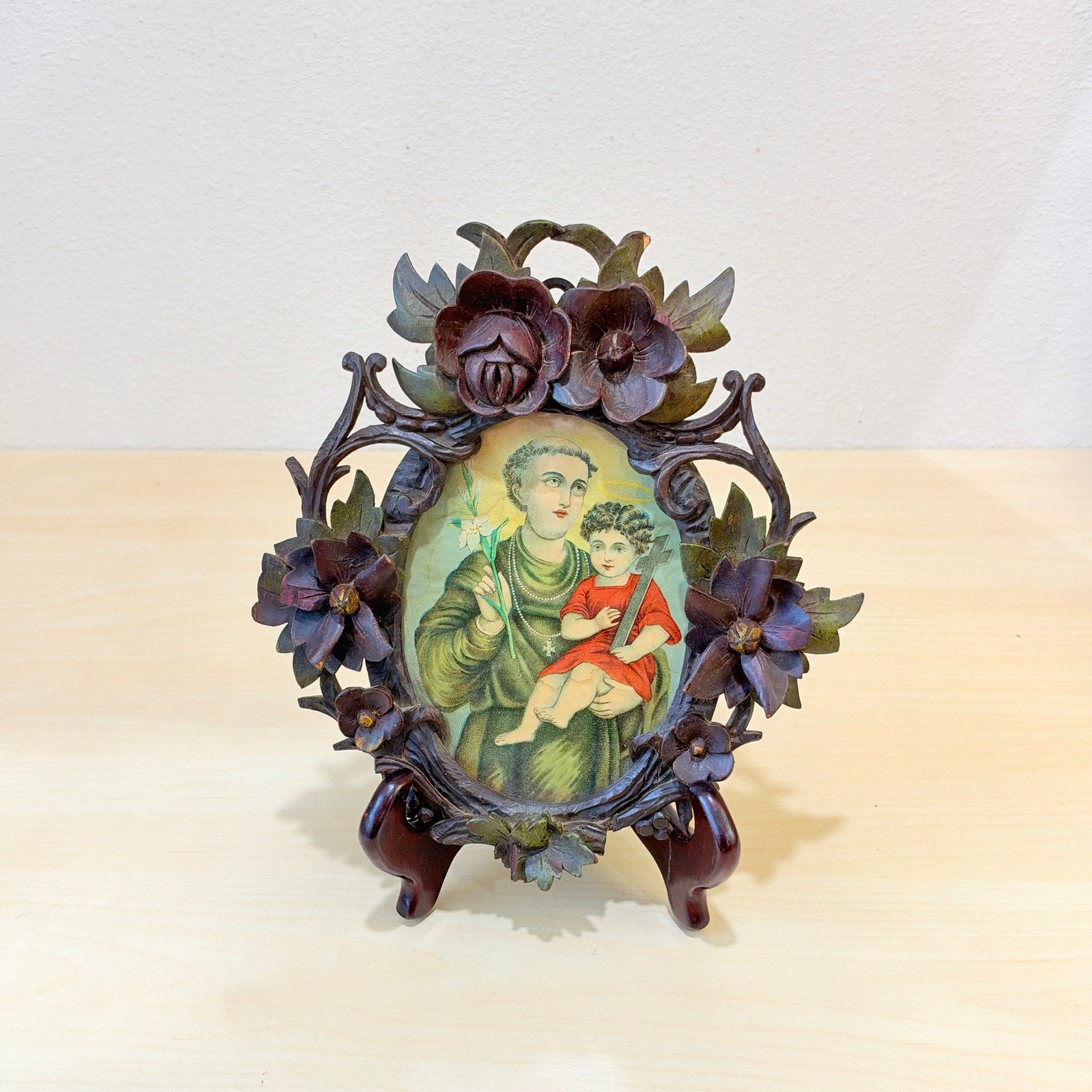 Antique French Carved Wood Oval Picture Frame Black Forest Floral Polychrome