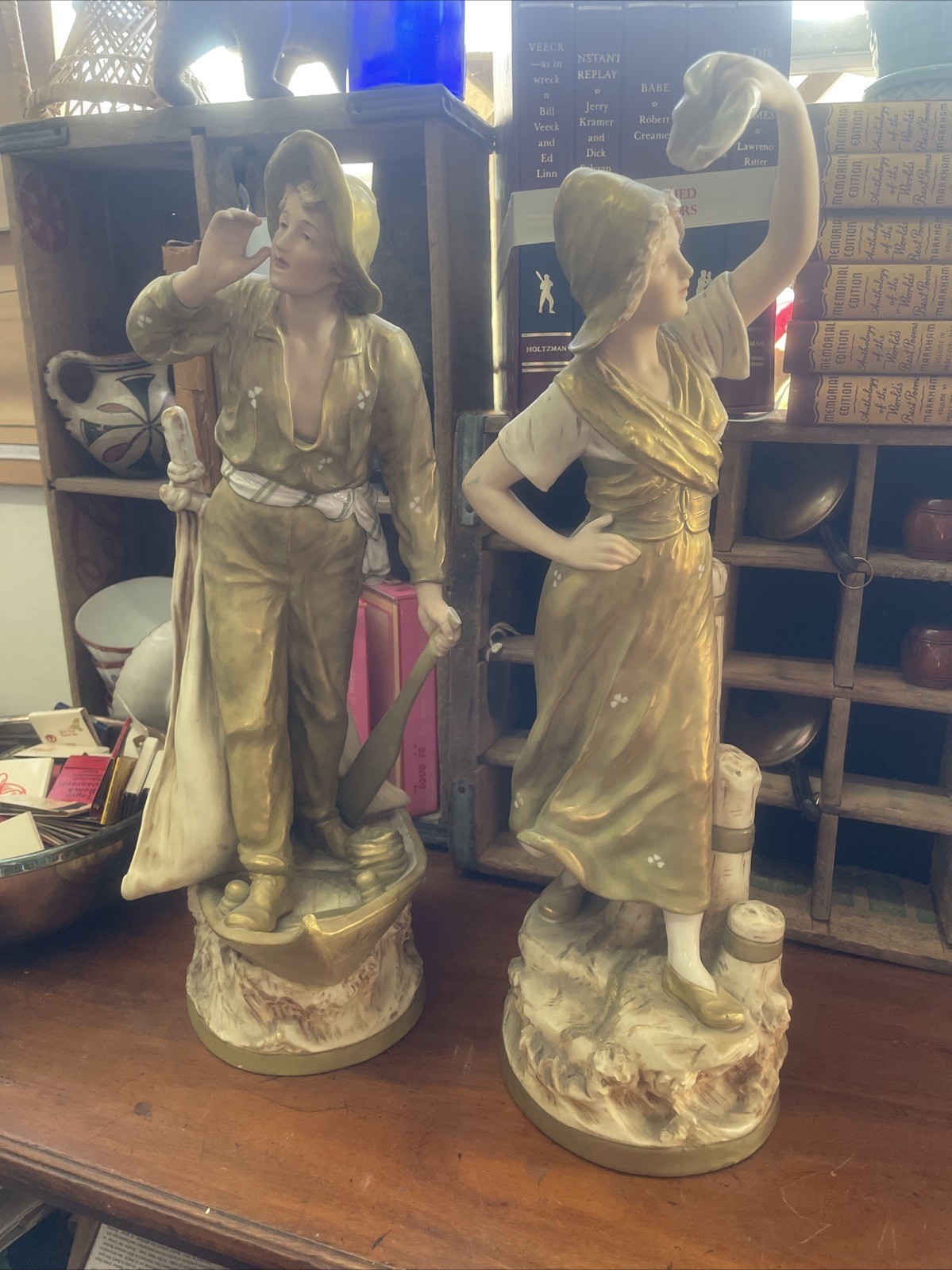 Antique Large Royal Dux Art Nouveau 17” Pair Statues Fisherman  Sailor & Maiden
