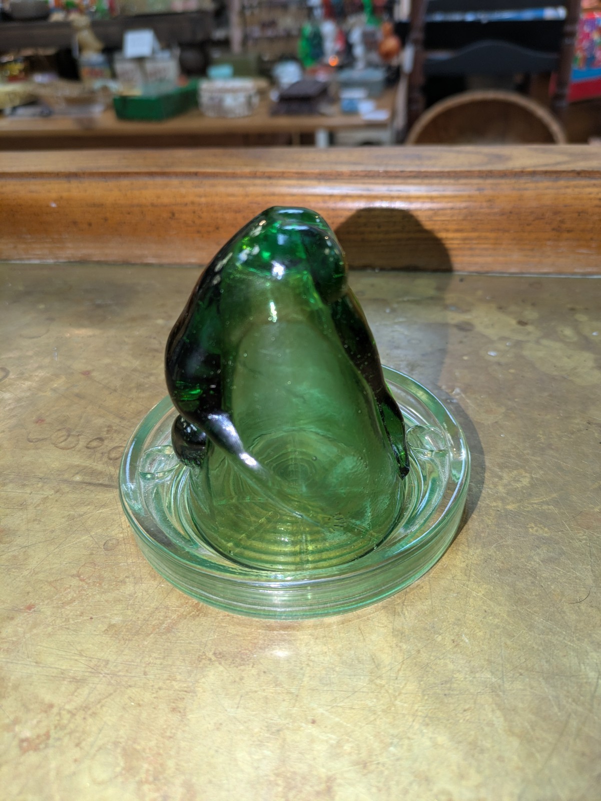 Vintage Green Glass Bottoms Up Shot Glass & Coaster Set - McKee Style Female