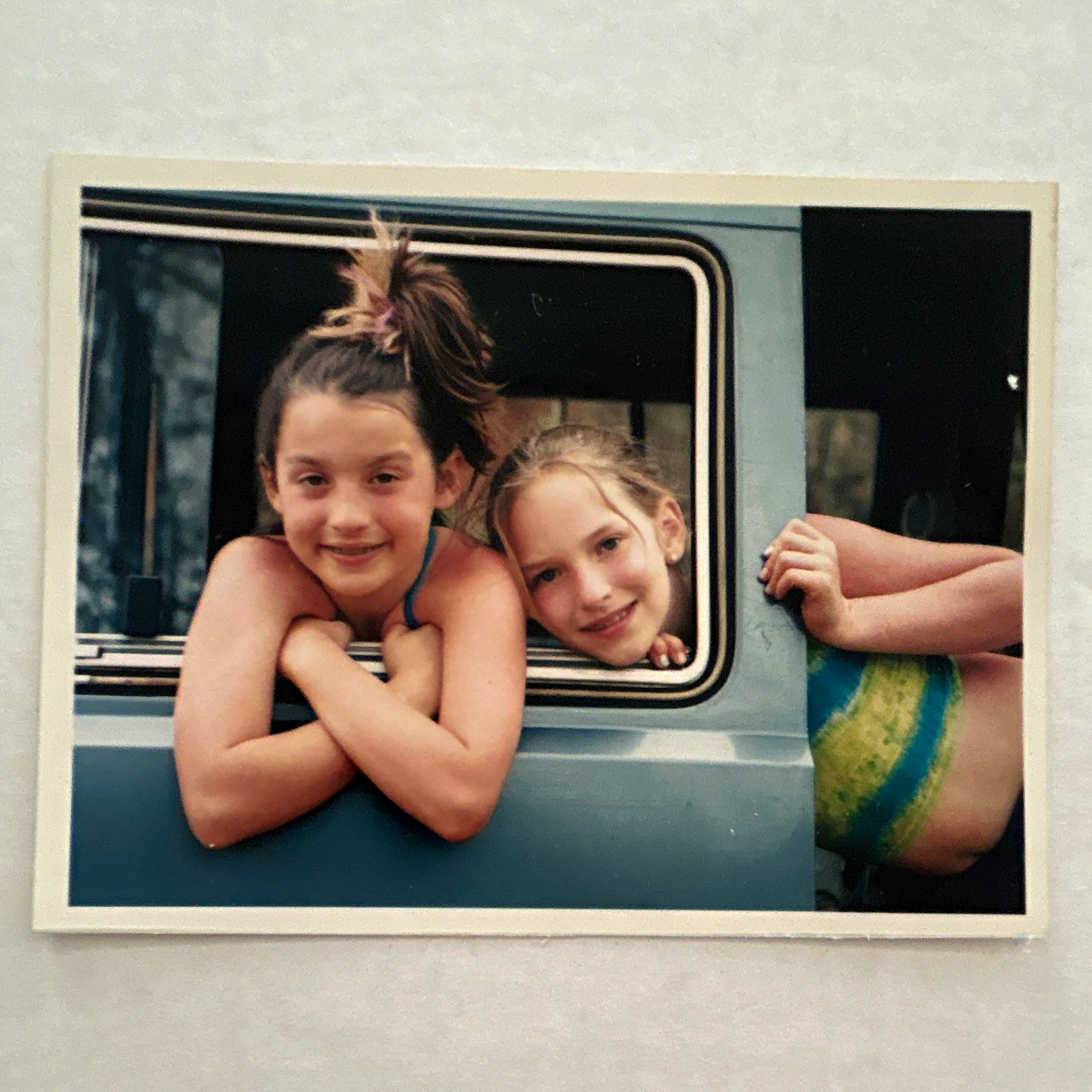 Vintage Original Color Snapshot Photo of Two Girls Leaning Out Vehicle Window