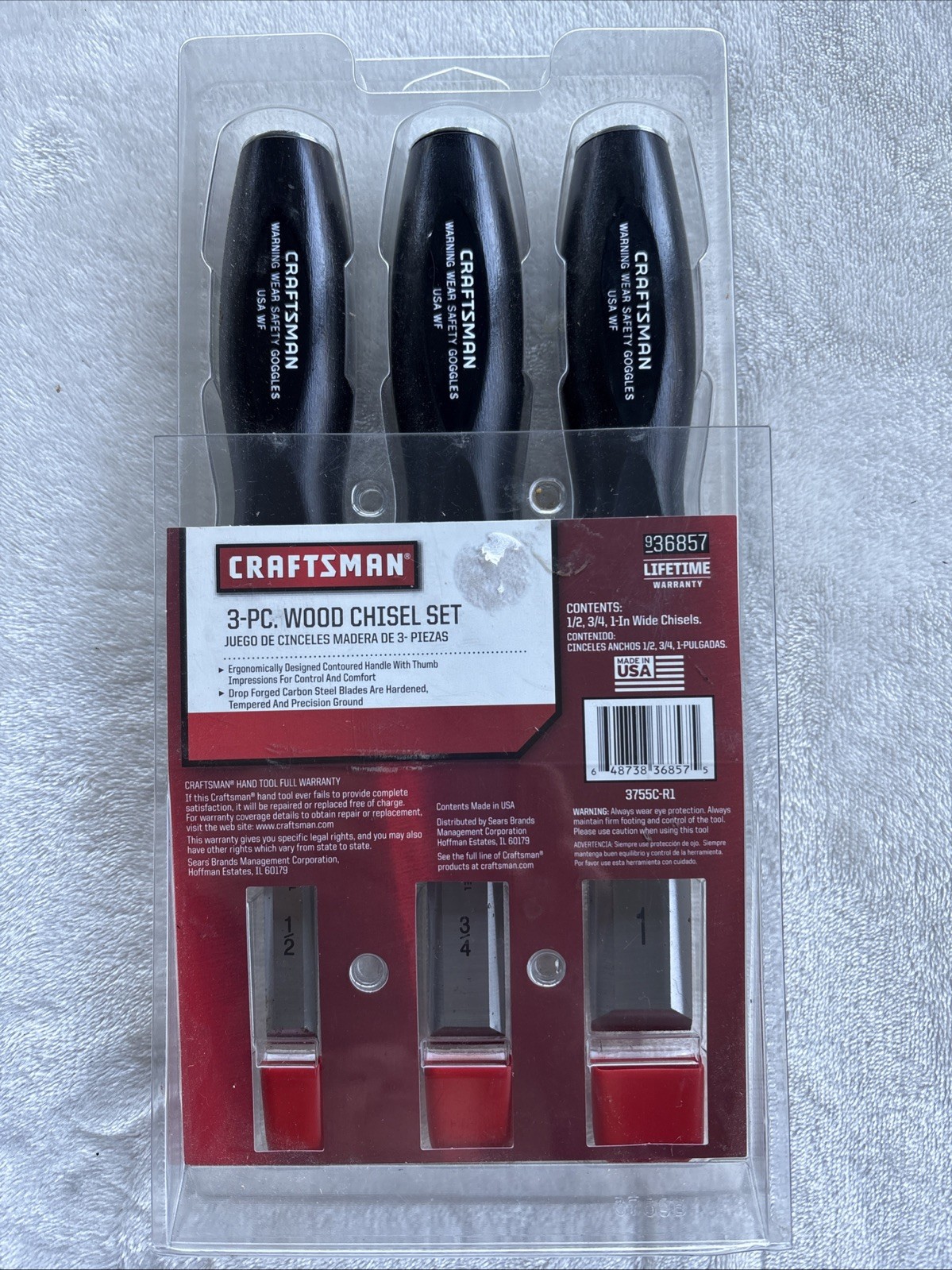 Craftsman 3 Pc Wood Chisel Set 1/2 3/4 1 In Carbon Steel Blades 936857 New 