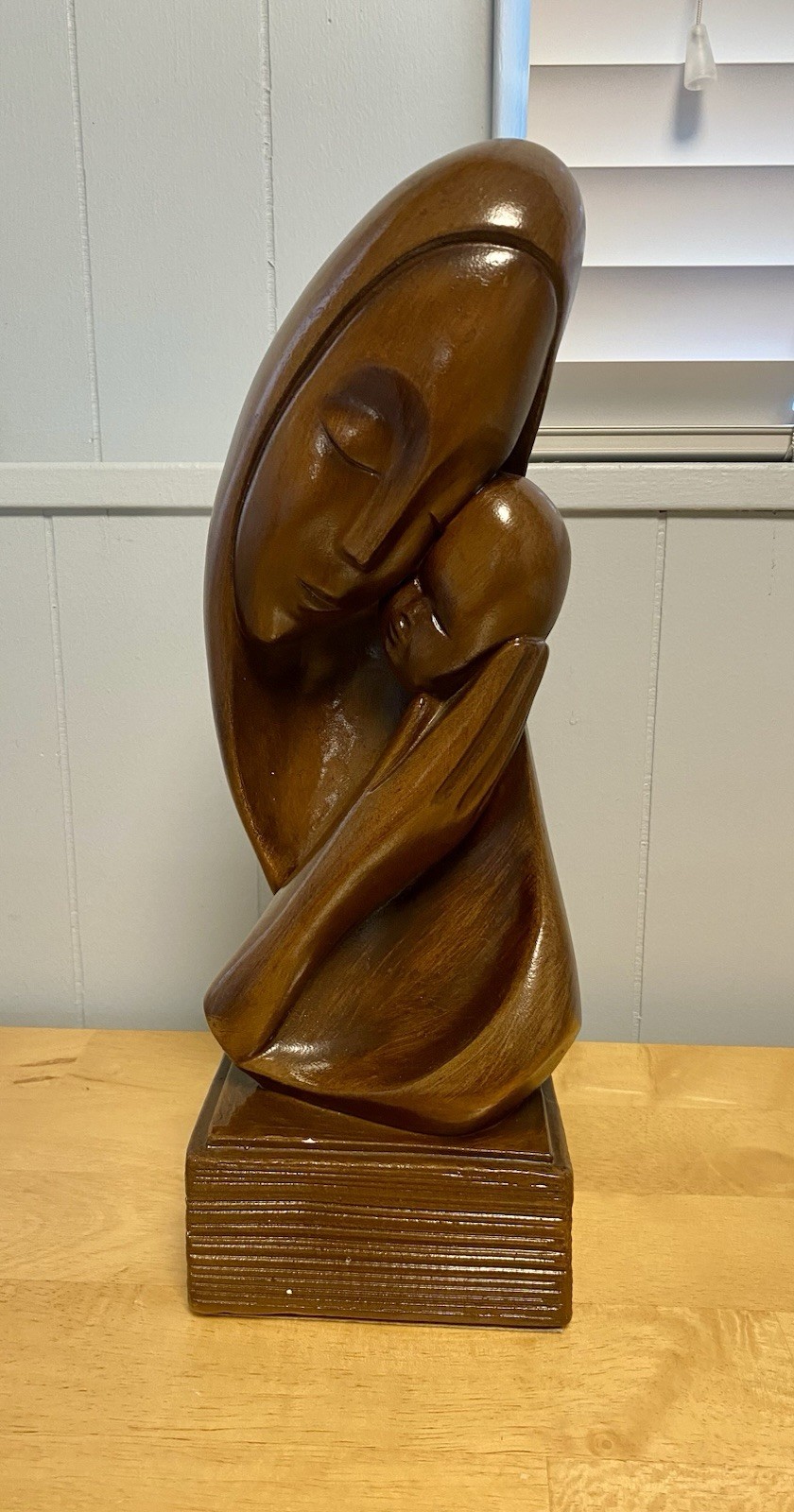 Vintage Hand Carved Wooden Mother & Child Sculpture, Figurine Folk Art