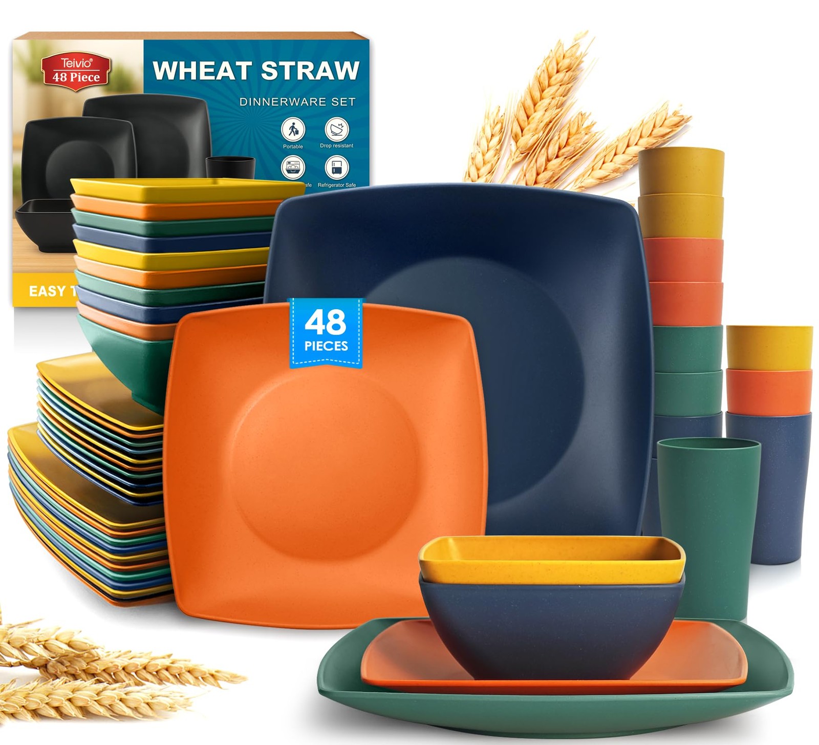 Teivio 48-Piece Wheat Straw Dinnerware Set for 12, Autumn Multicolor