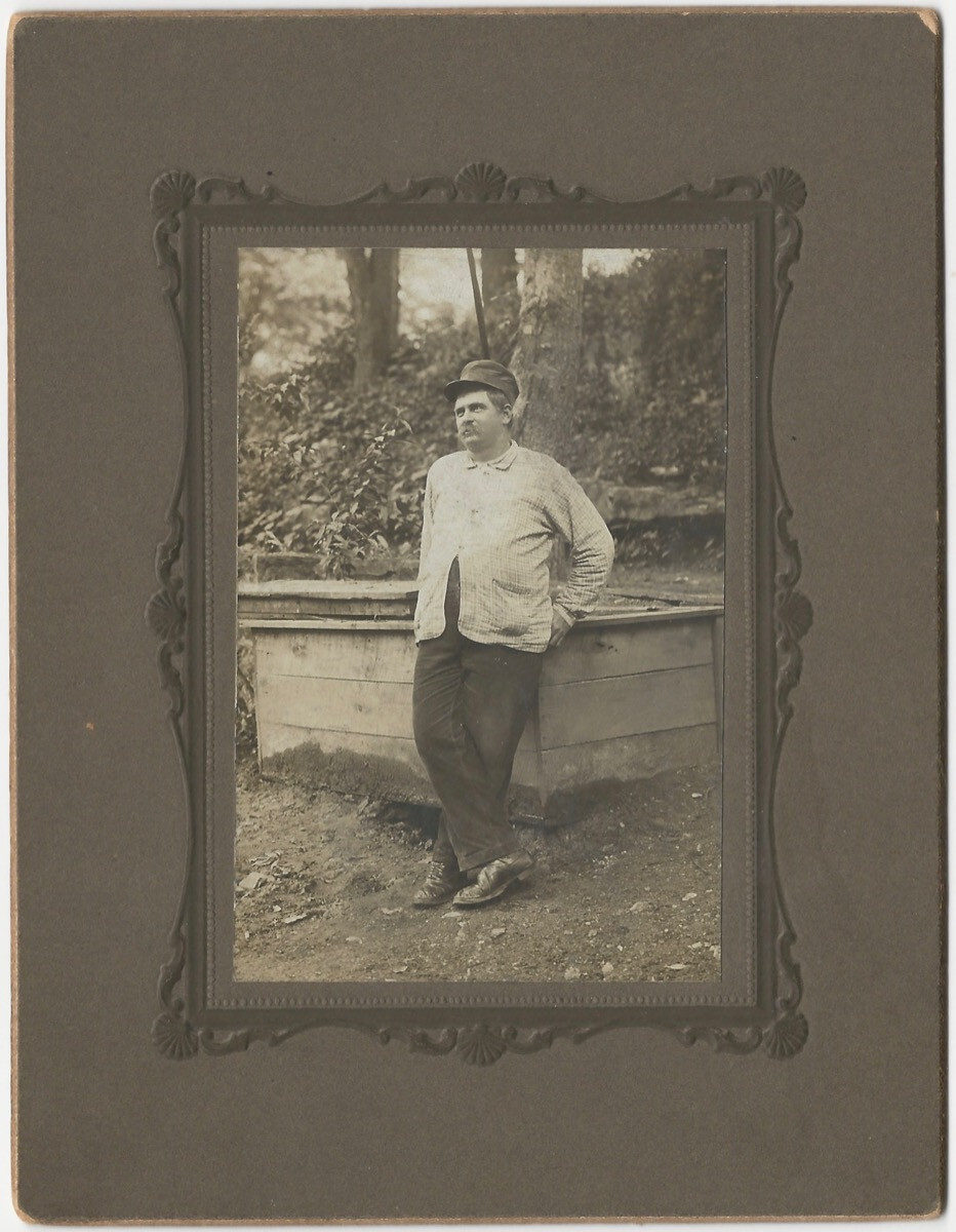 Mustache Man in Workman Cap Checked Shirt Wood Bin 1910s Original Mounted Photo