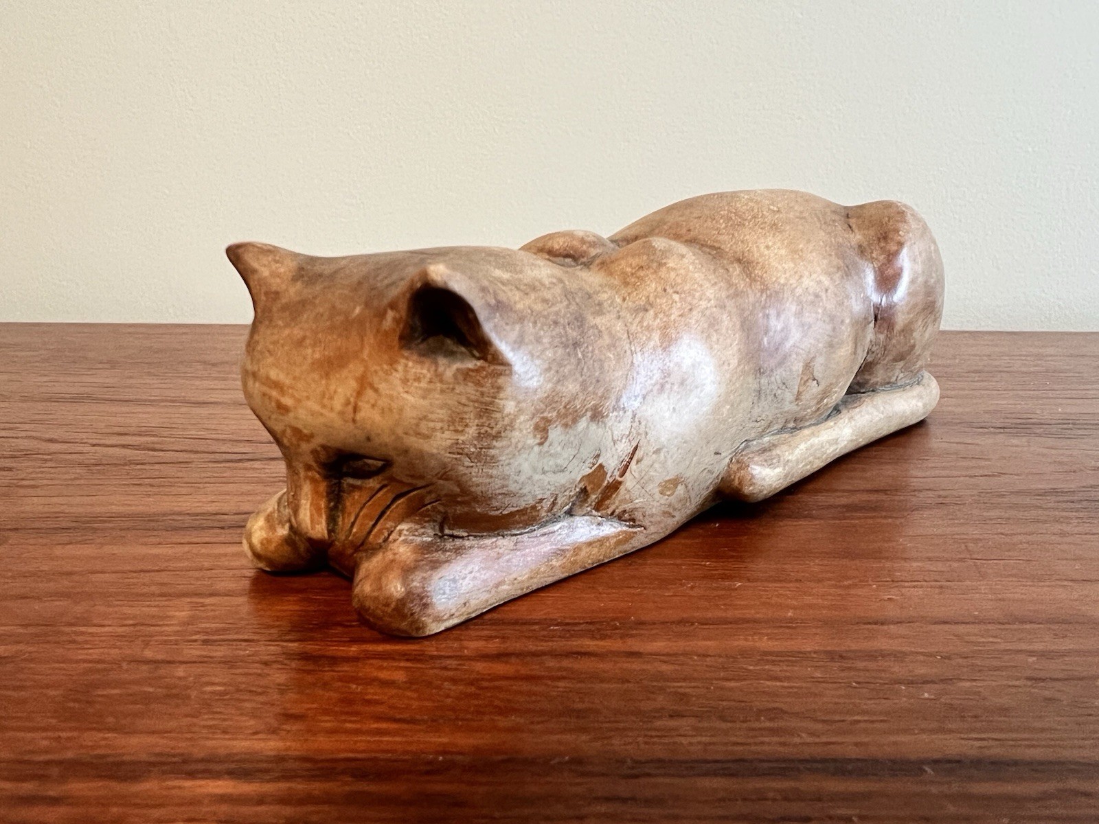 Vintage Wood Hand Made Carved OOAK Folk Art Cat 7” Signed