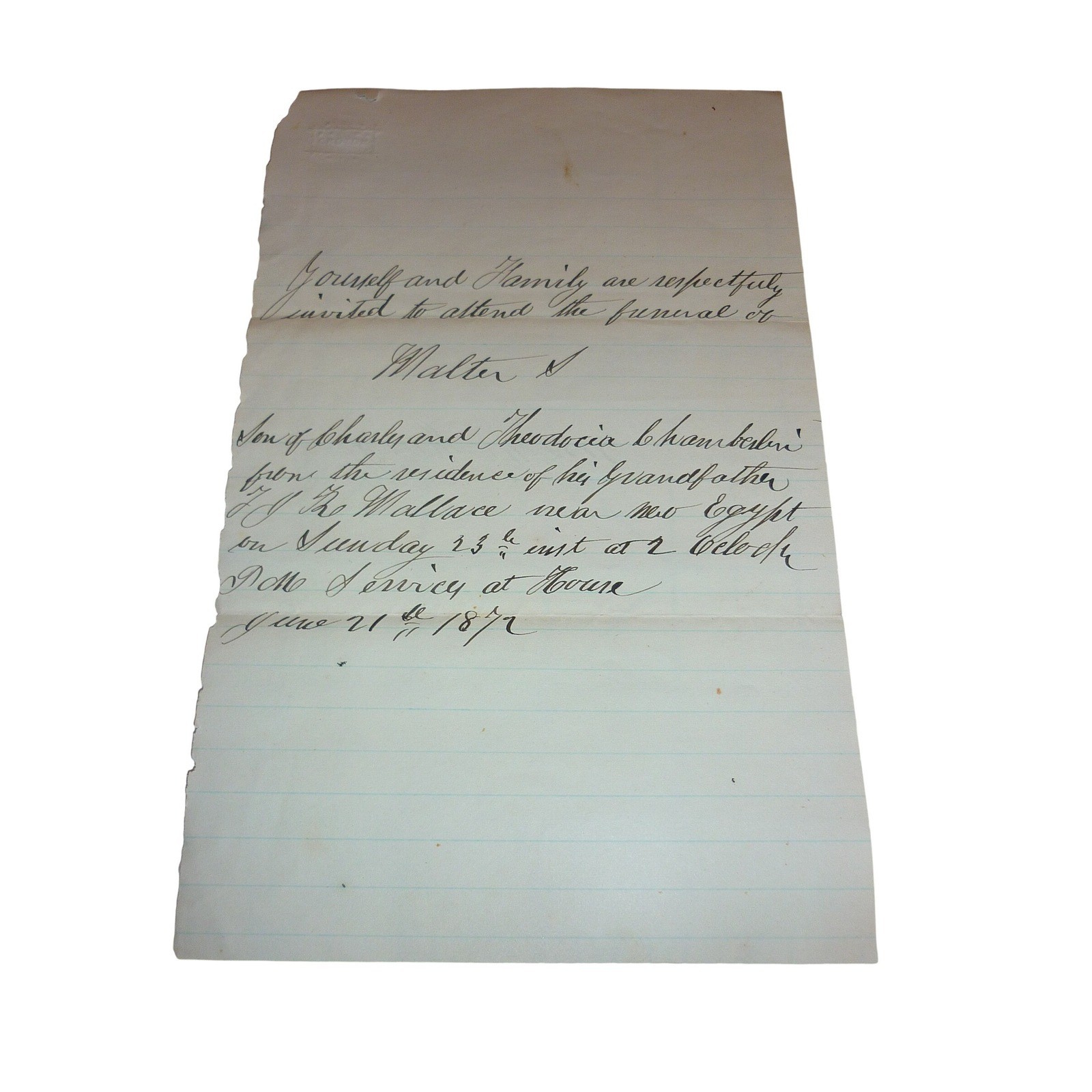 1872 Hand Written Funeral Invitation Walter Chamberlin New Egypt NJ Victorian