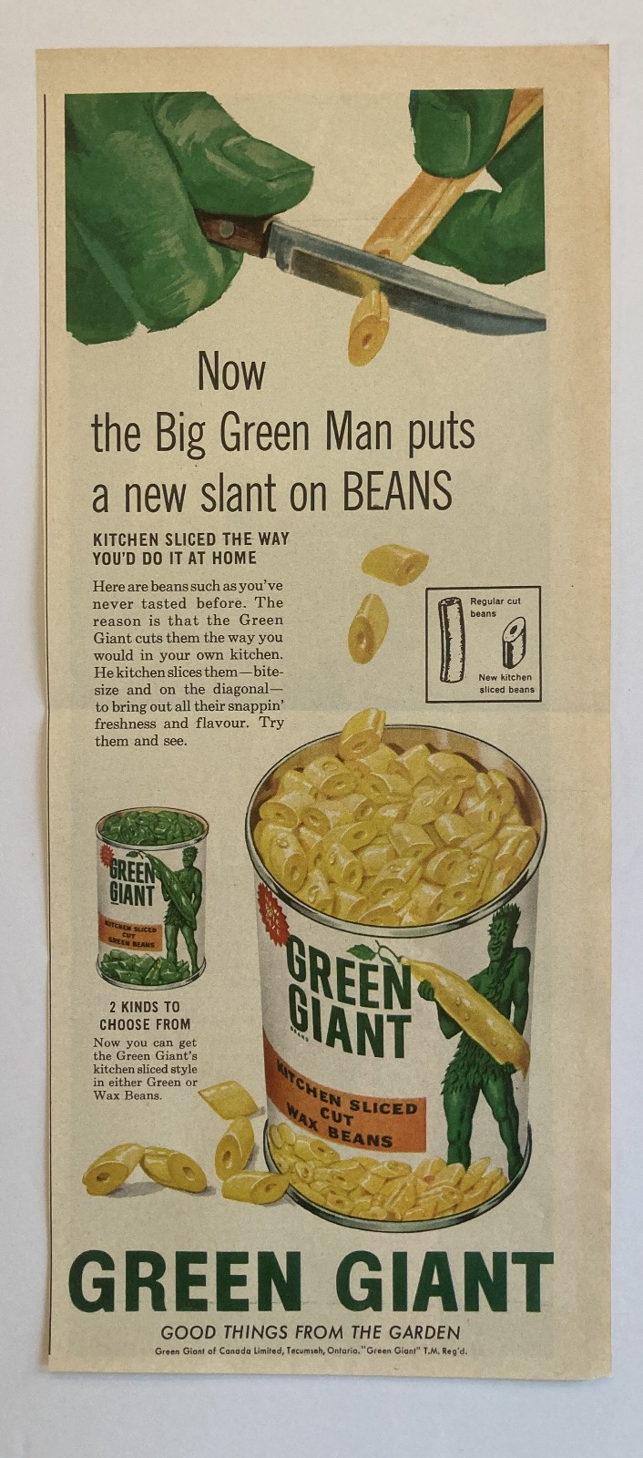 1961 CANADA CANADIAN AD JOLLY GREEN GIANT YELLOW WAX BEANS TECUMSEH ONTARIO