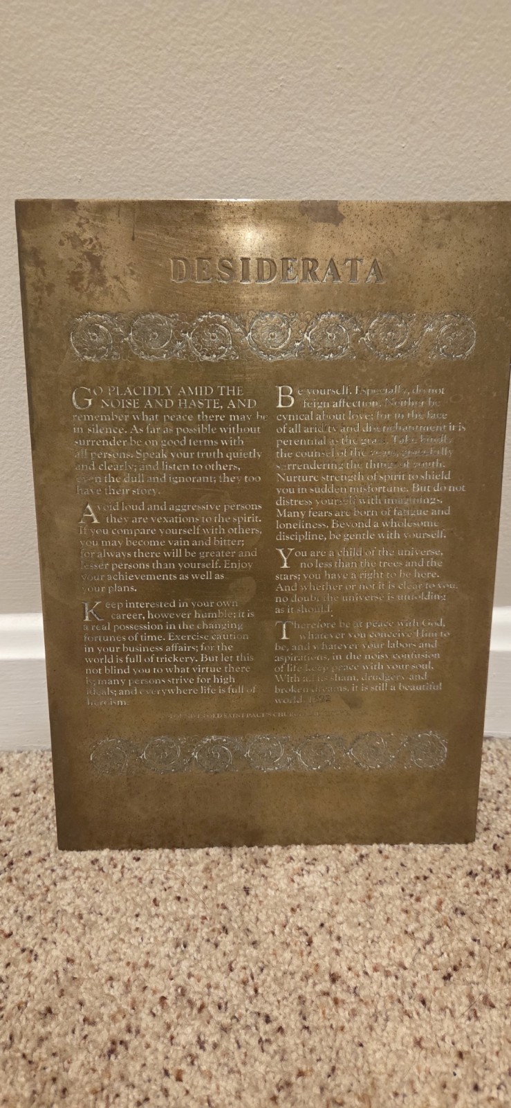 Desiderata Brass Metal Wall Hanging Plaque Red Velvet Backing