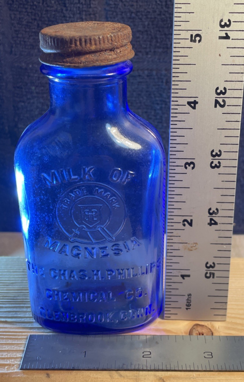 ☮️ Vintage Cobalt Blue Glass Milk of Magnesia Bottle Embossed; w/org cap