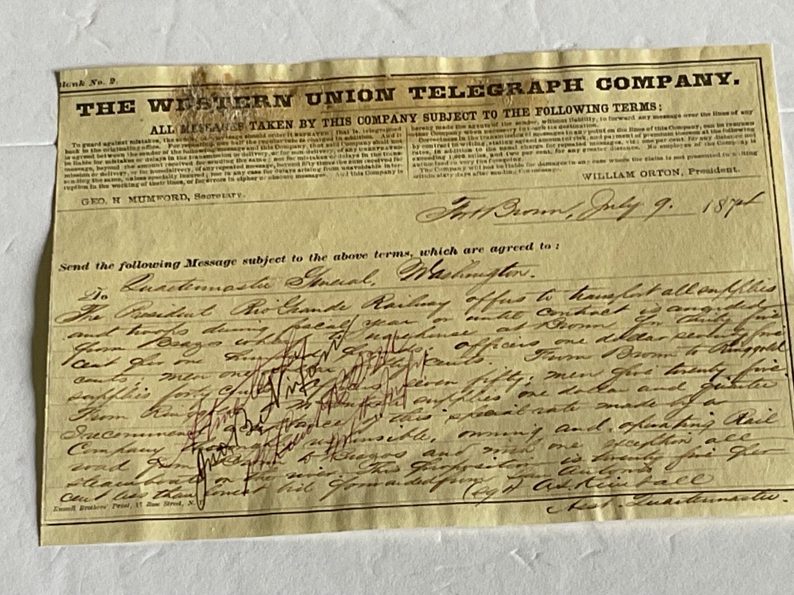 TEXAS COMANCHE WARS 1874 TELEGRAM FORT BROWN REF RIO GRAND RAILWAY FARE CONTRACT
