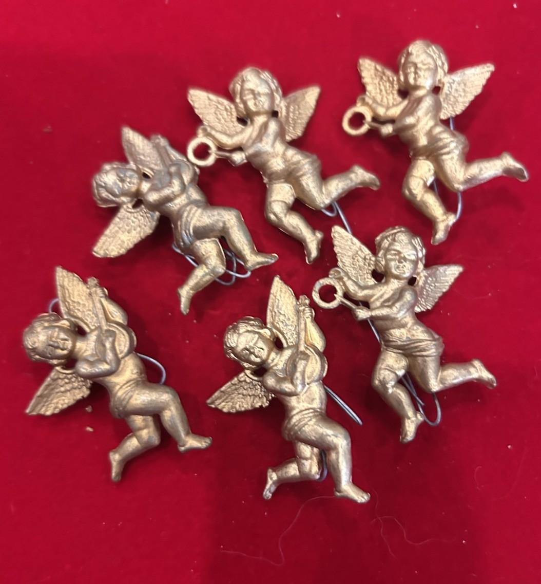 6 Vtg Miniature 1-1/4” Gold Cherub Angels With Instruments Christmas Ornaments