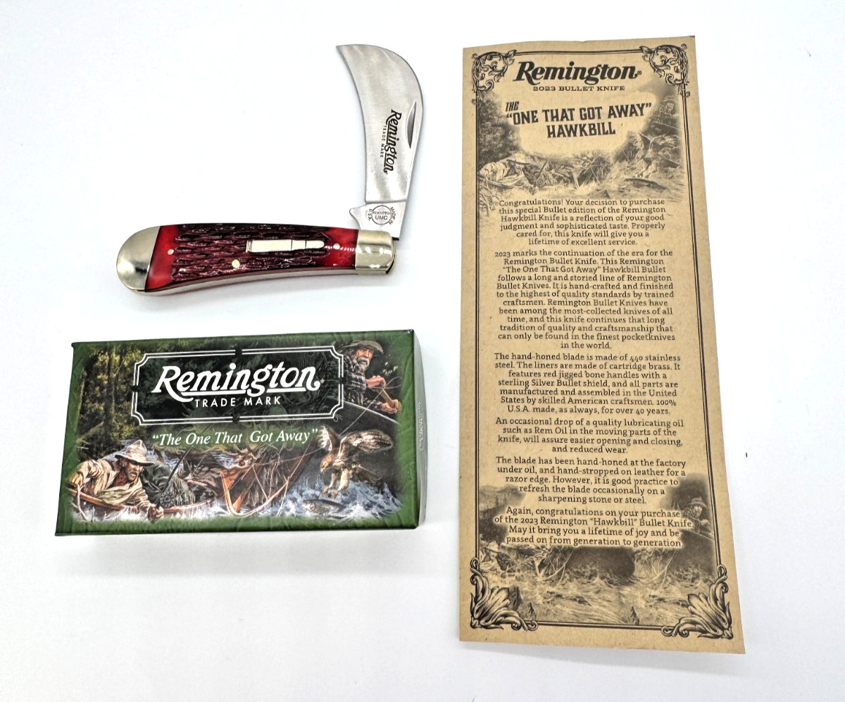 REMINGTON R693 2023 LIMITED ED HAWKBILL BULLET KNIFE Red Jig Bone 440 SS USA NIB