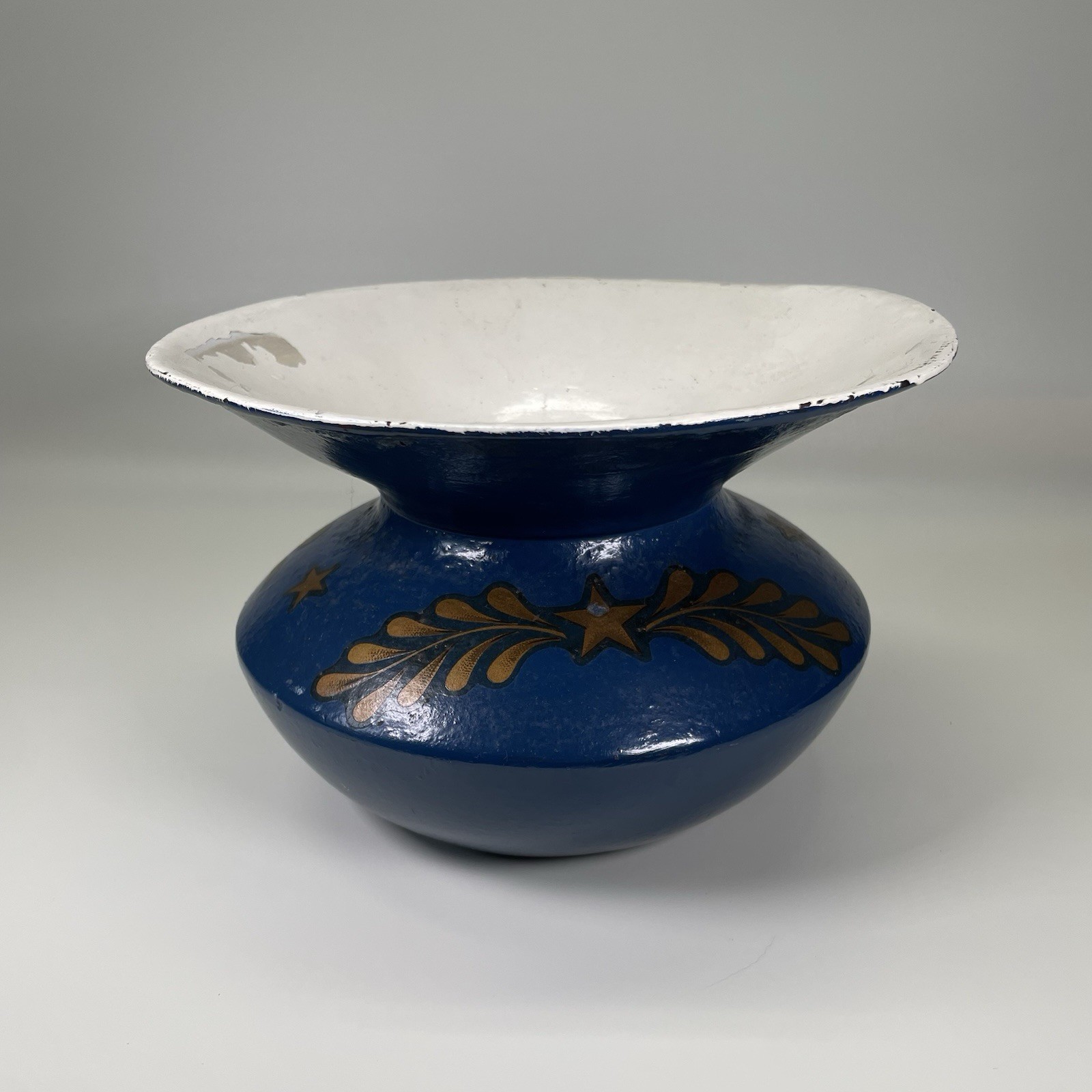 Vintage Antique Cast Iron Enamel Spittoon Cuspidor Blue Gold Star Americana