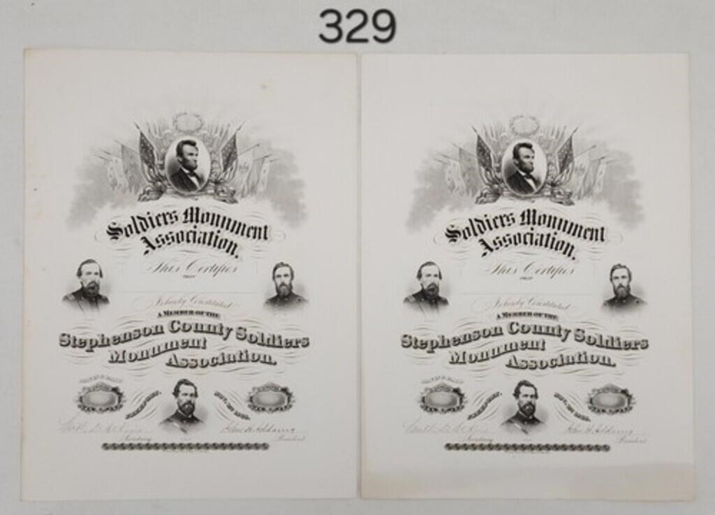 Rare Stephenson County Soldiers Monument Certificate