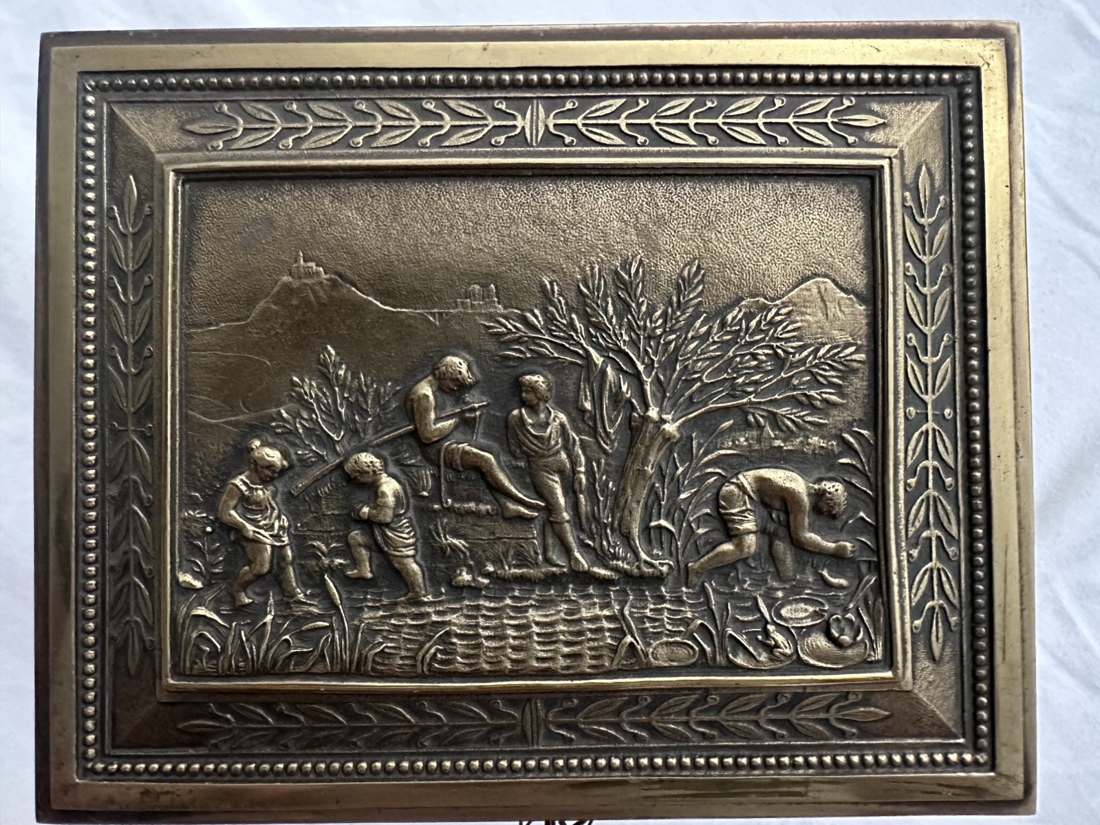 Antique Victorian High Relief Scenic Brass Jewelry Trinket Footed Box -2 keys