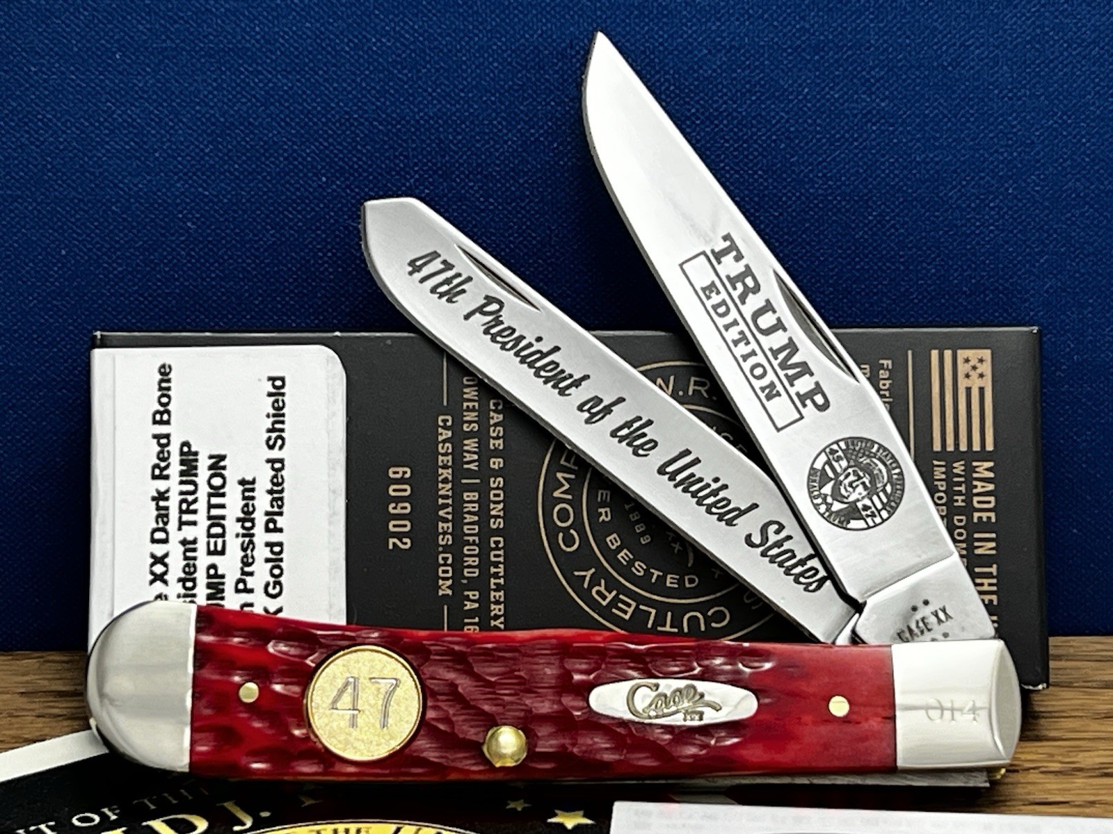 CASE XX USA PRESIDENT TRUMP DARK RED BONE 24K Plated 47 Shield Trapper Knife NEW