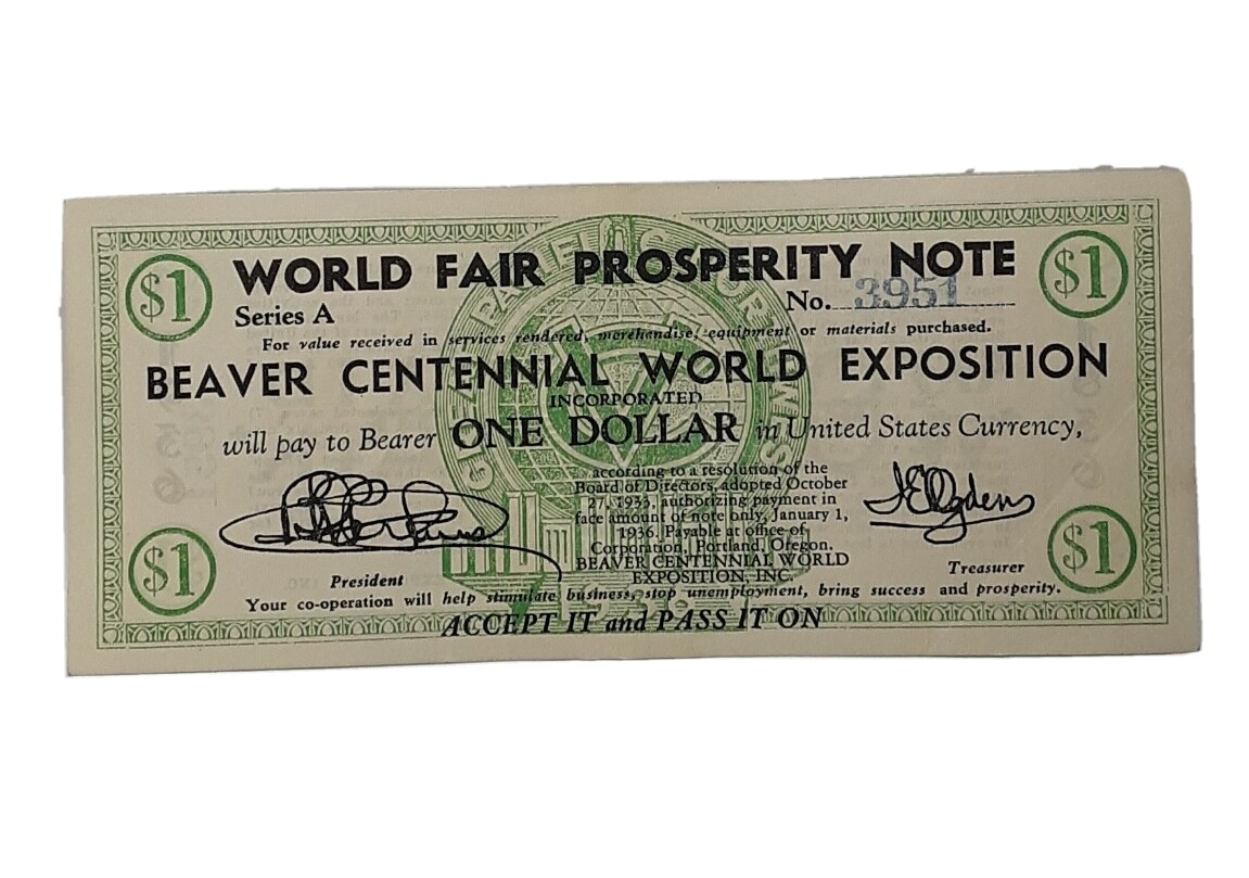 Portland Oregan Beaver Centennial World Fair Note 1936 Trade dollar $1 No. 3952