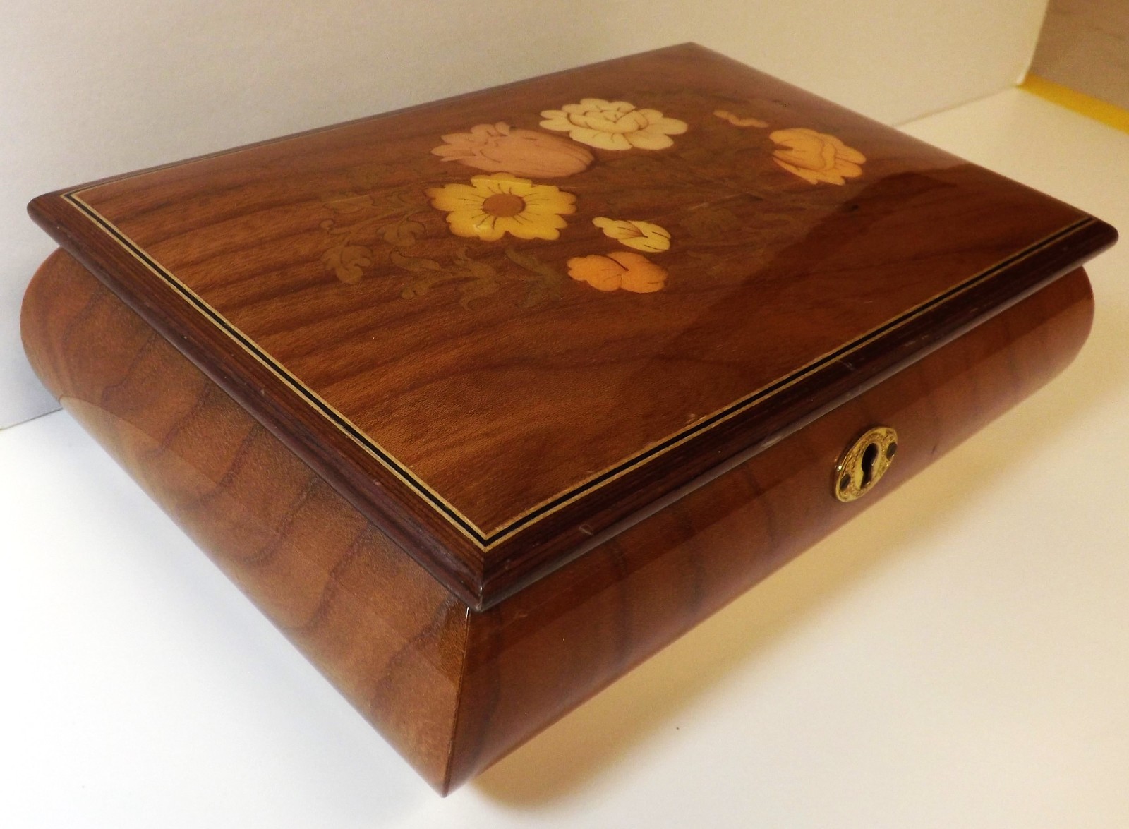 Inlaid BURL Wood MUSIC BOX Jewelry Sorrento ITALY Ercolano Floral Inlay 8\