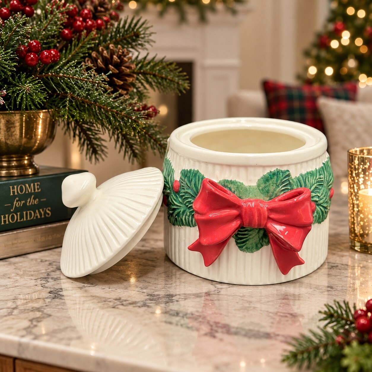 Vtg Fitz & Floyd Handpainted 1992 Christmas Lidded Jar Red Bow Evergreen Taiwan