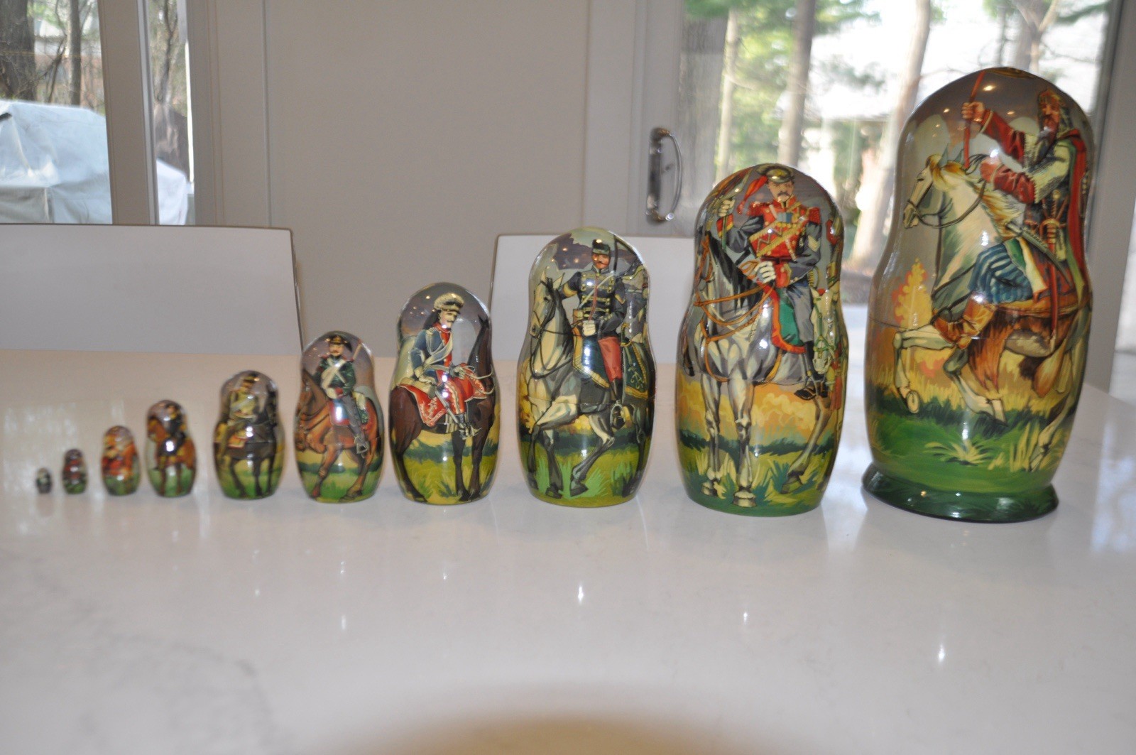 Russian Matryoshka 10 Pc. Nesting Warrior Dolls, Hand-Painted, Signed