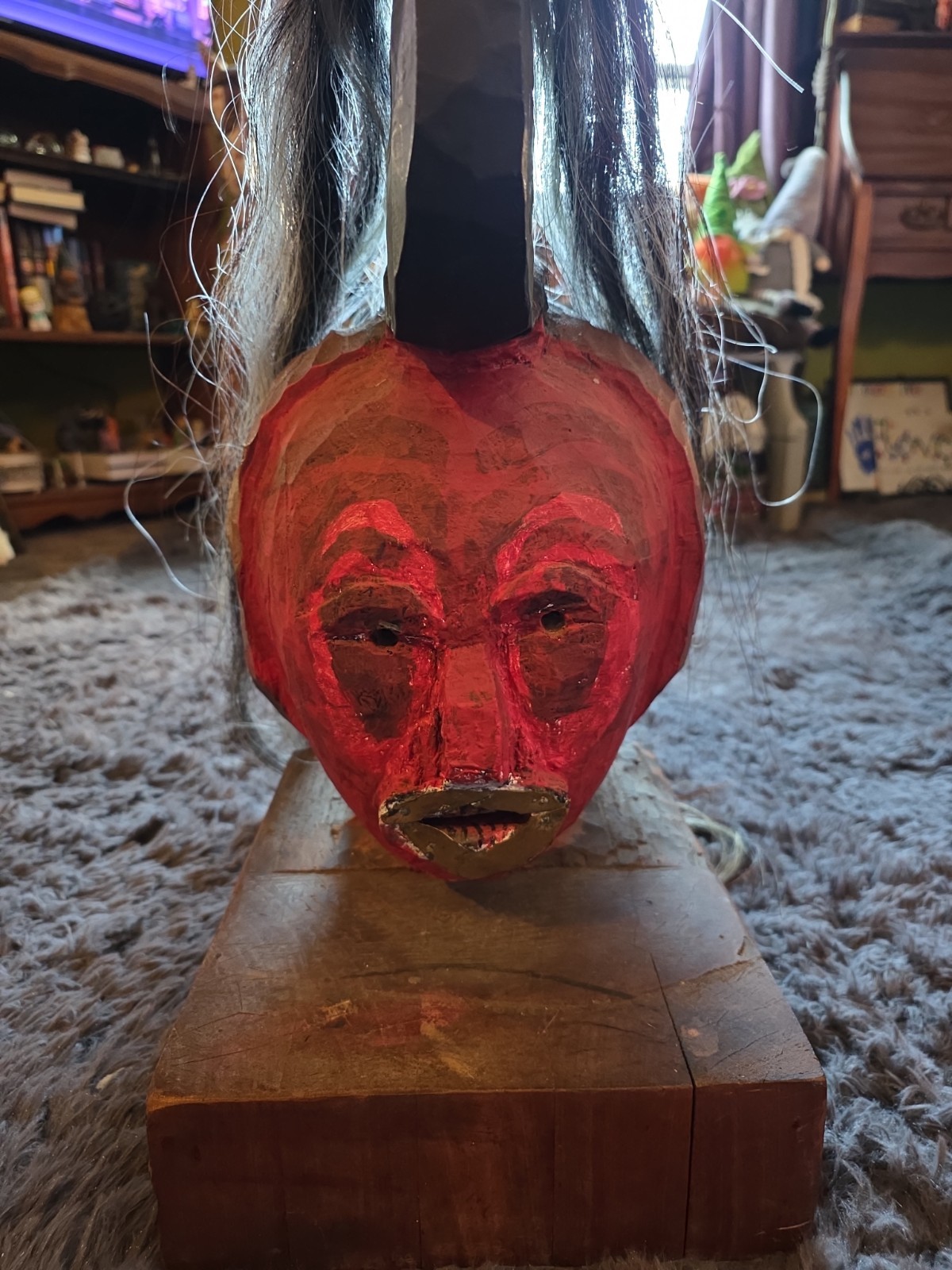 Large Folk Art Carved Wood Ceremonial Style Head Horse Hair Metal 20\