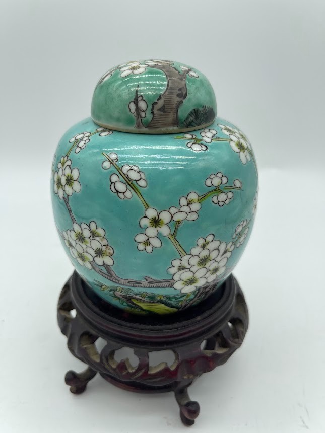 Antique Chinese Turquoise Ground Famille Rose Porcelain Ginger Jar Prunus Floral