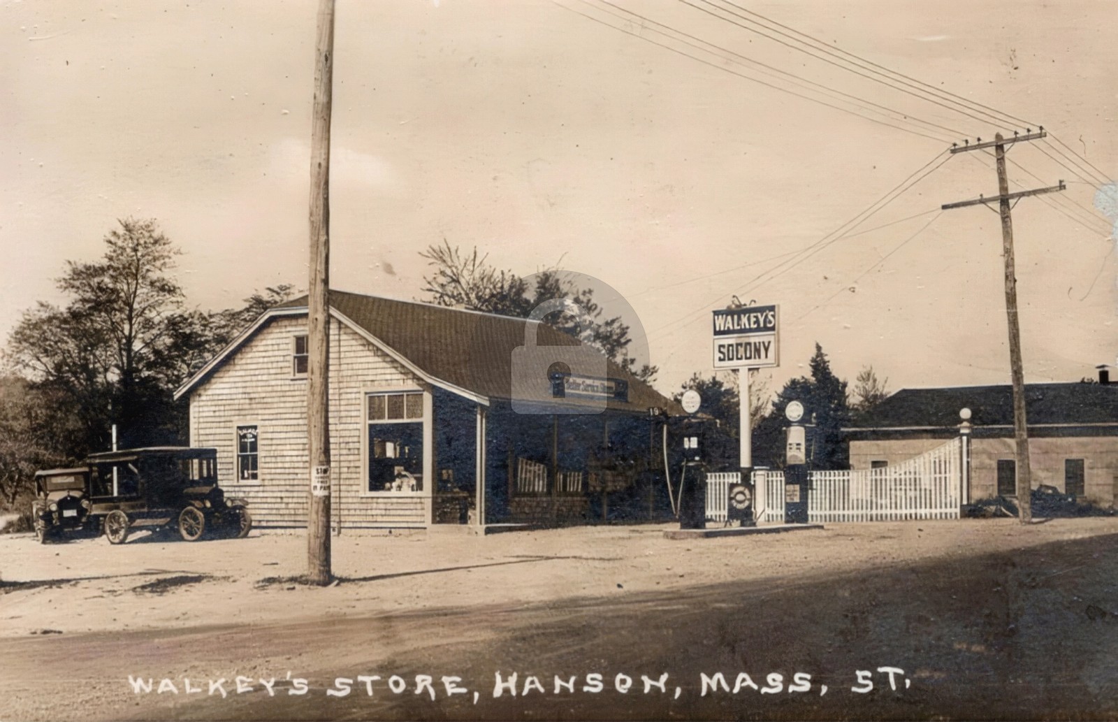 Gas Station Walkey\'s Store Hanson MA SOCONY 1930s RPPC Photo Postcard COPY
