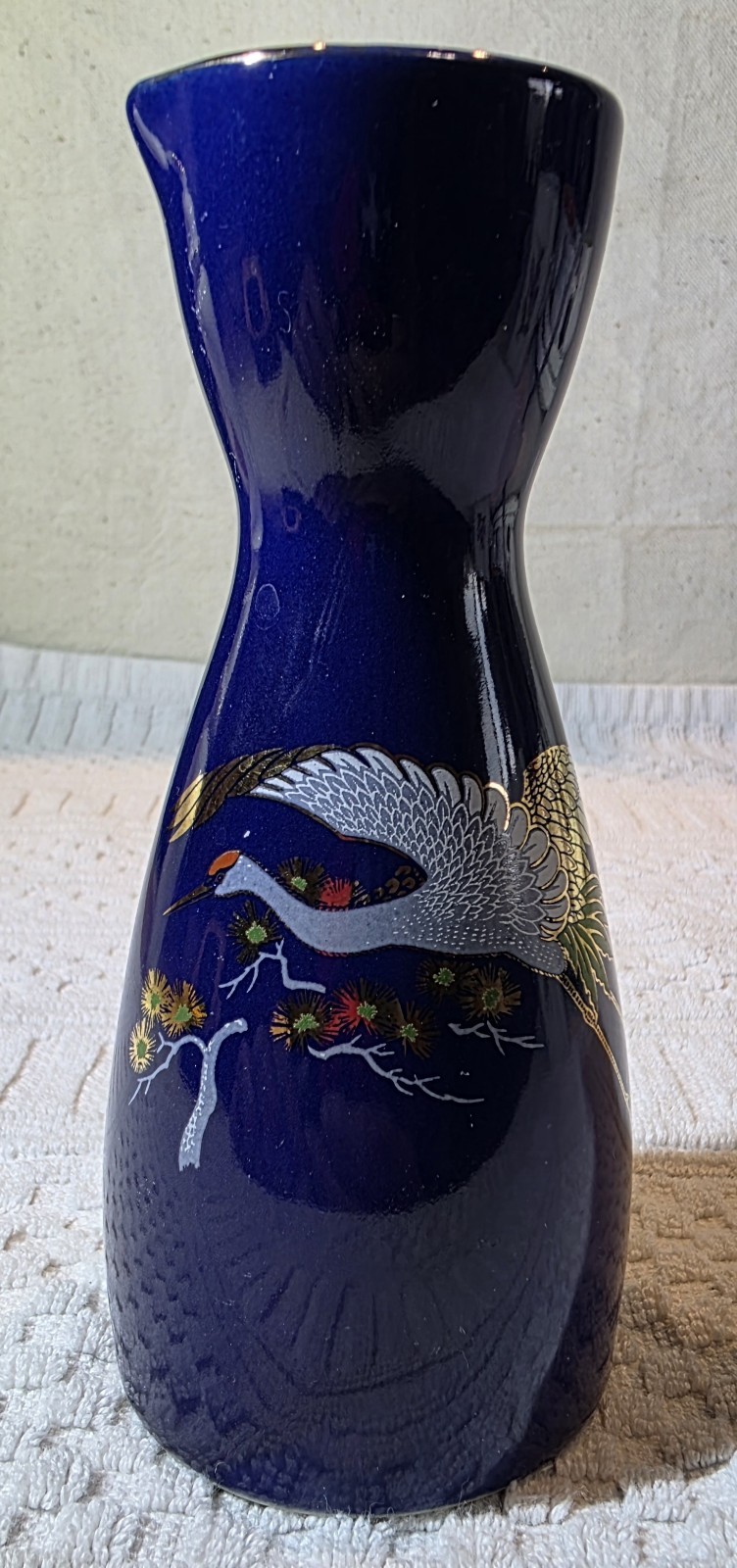 Vintage Japanese Cobalt Blue Porcelain Sake Tokkuri Carafe Crane Gold Gilt Vase
