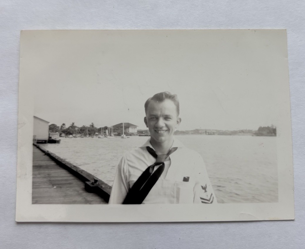 Vtg B&W Snapshot WW2 US Navy Sailor in Uniform Pier Waterfront Candid Photo