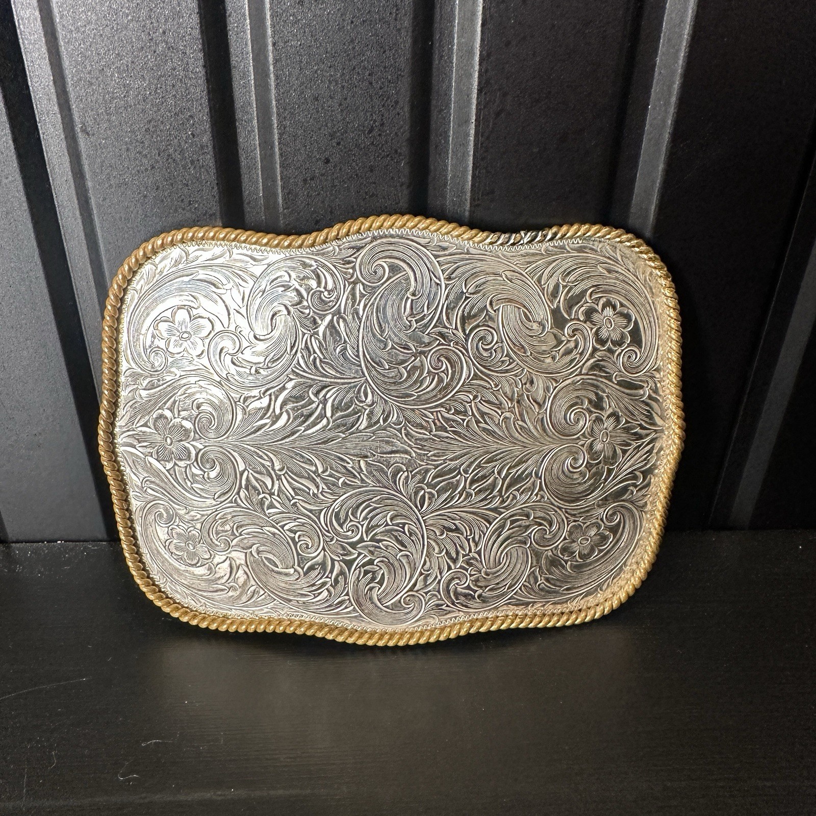 Vtg Authentic Montana Silversmith Buckle Scroll Engraving German Silver Cowboy