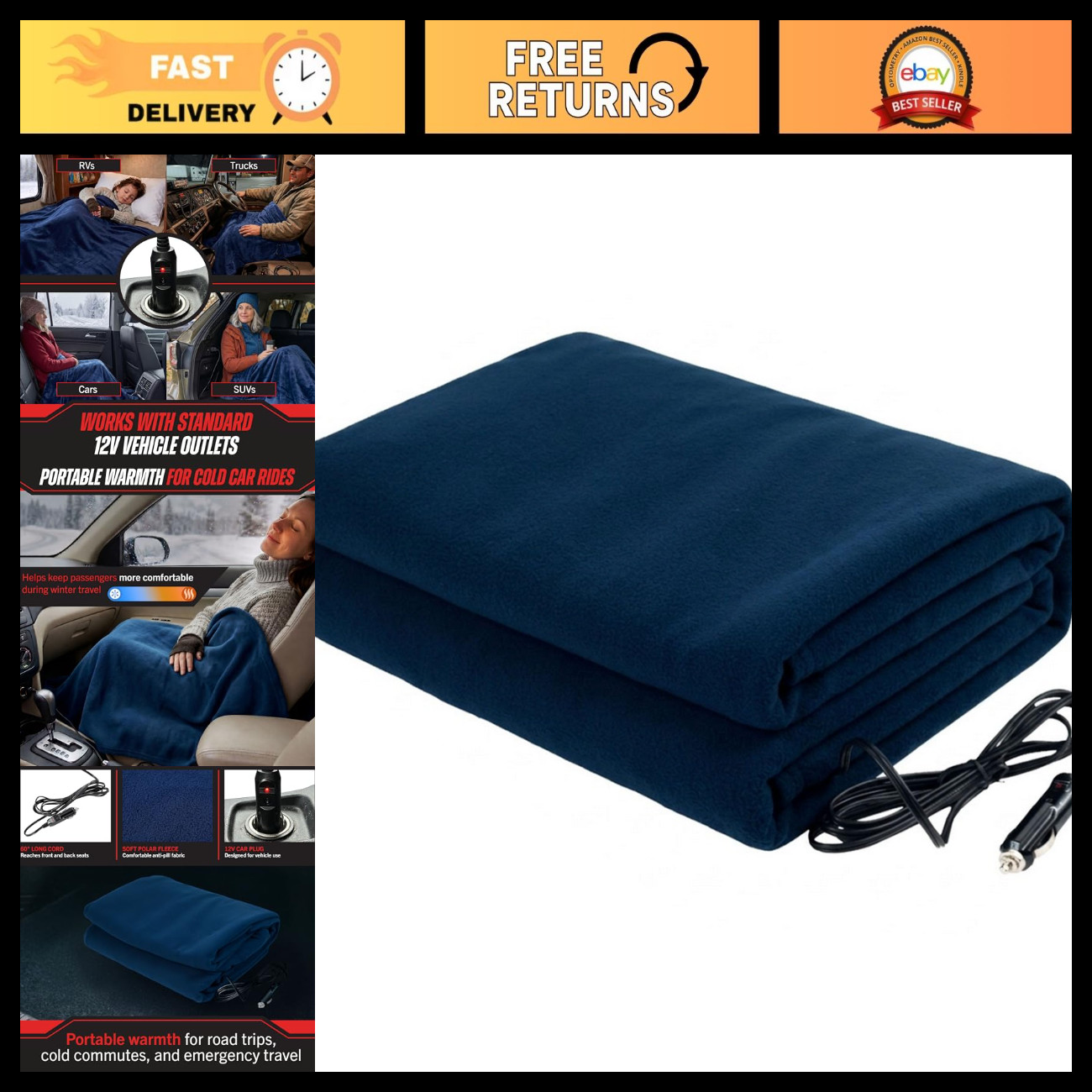 Heated Car Blanket - 12V Electric Travel Blanket for Car, Truck, SUV or RV - Por