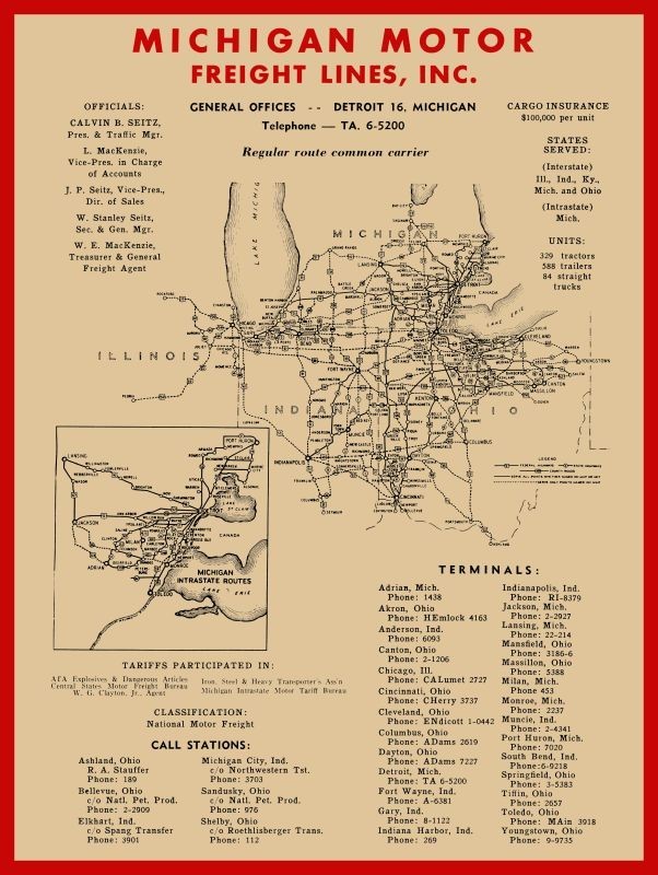 1950 Detroit Michigan Motor Freight Lines Route Map New Sign: 24x30