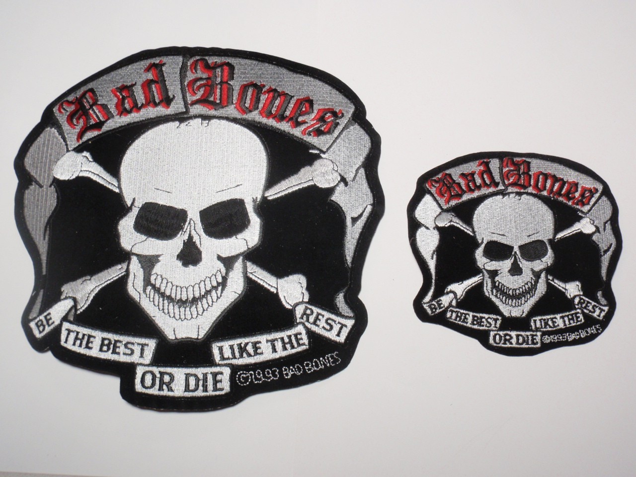 2 Vtg 1993 Bad Bones Be the Best or Die Like the Rest Biker Patch: Large & Small